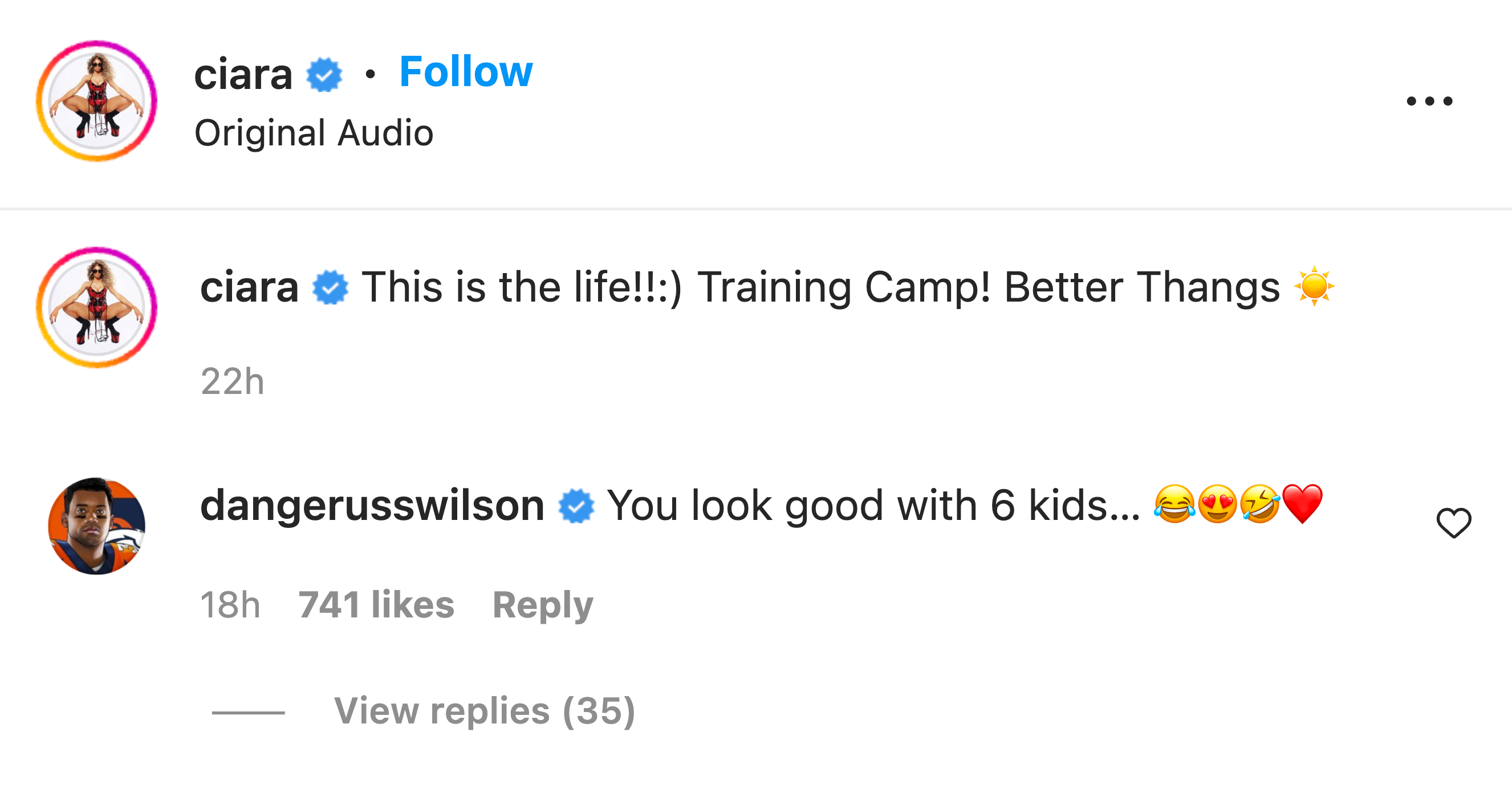 Russell Wilson's comment on Ciara's Instagram post