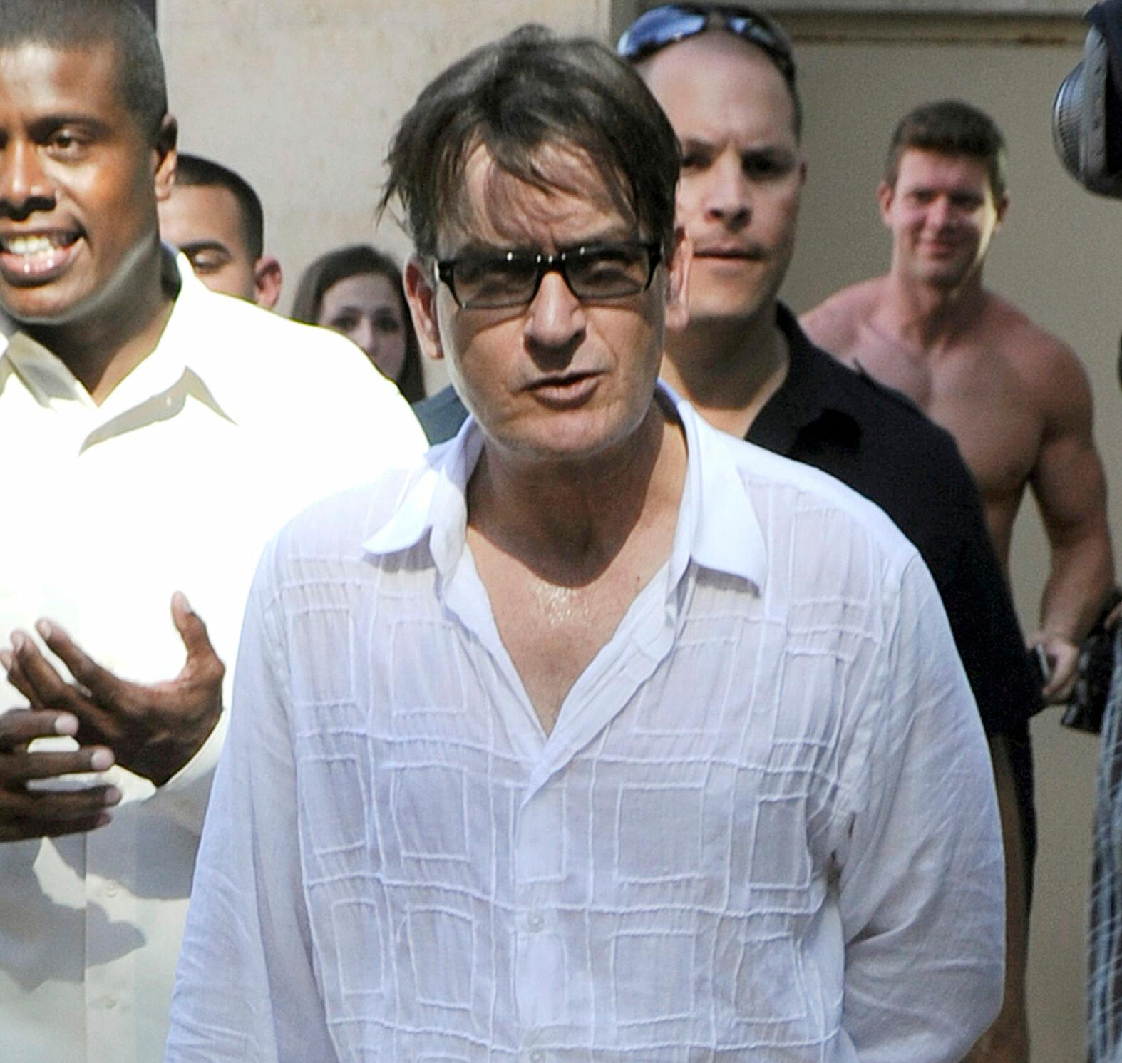 Actor Charlie Sheen is seen giving an interview with Billy Bush during NATPE 2012 in Miami Beach