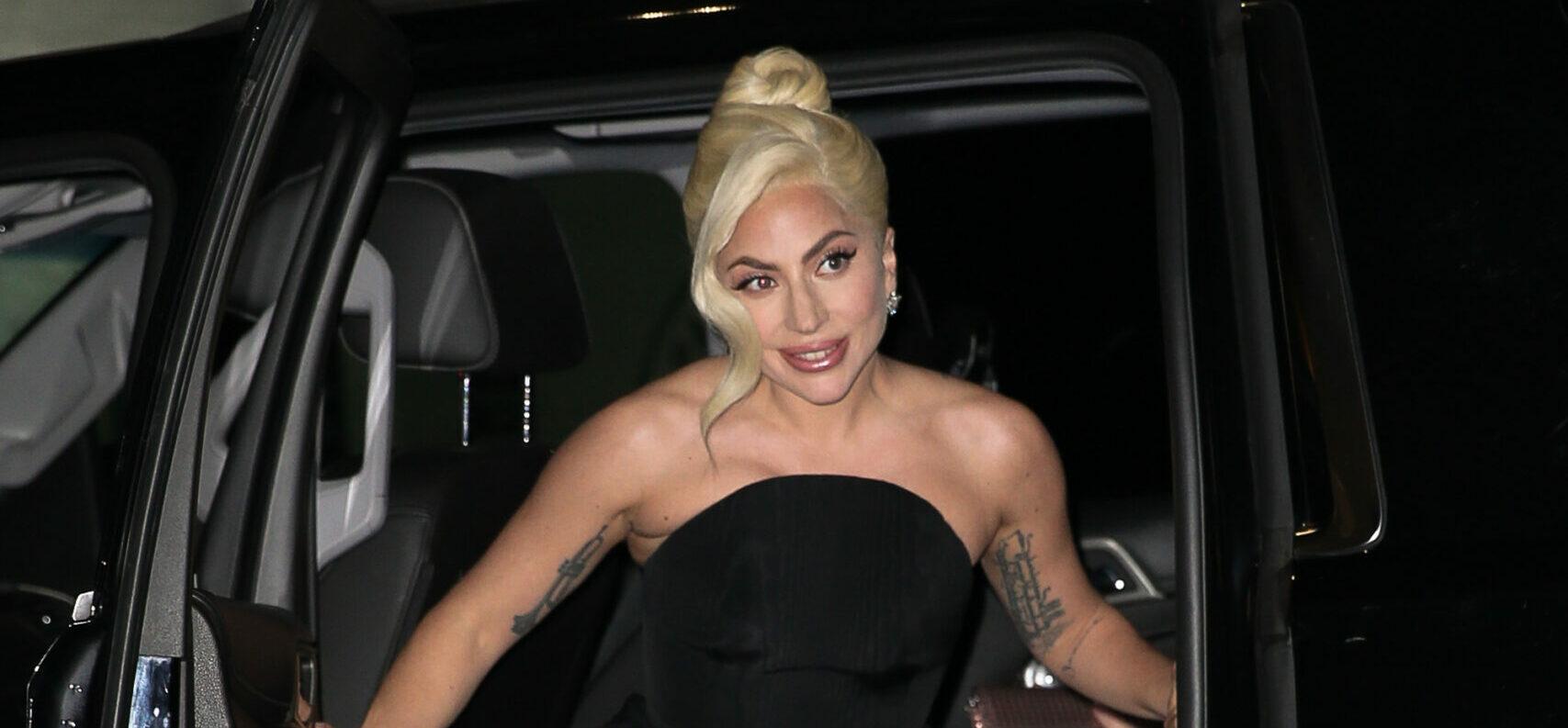 Lady Gaga wears a black gown as arriving at TAO for Film Critic Awards on March 16 2022