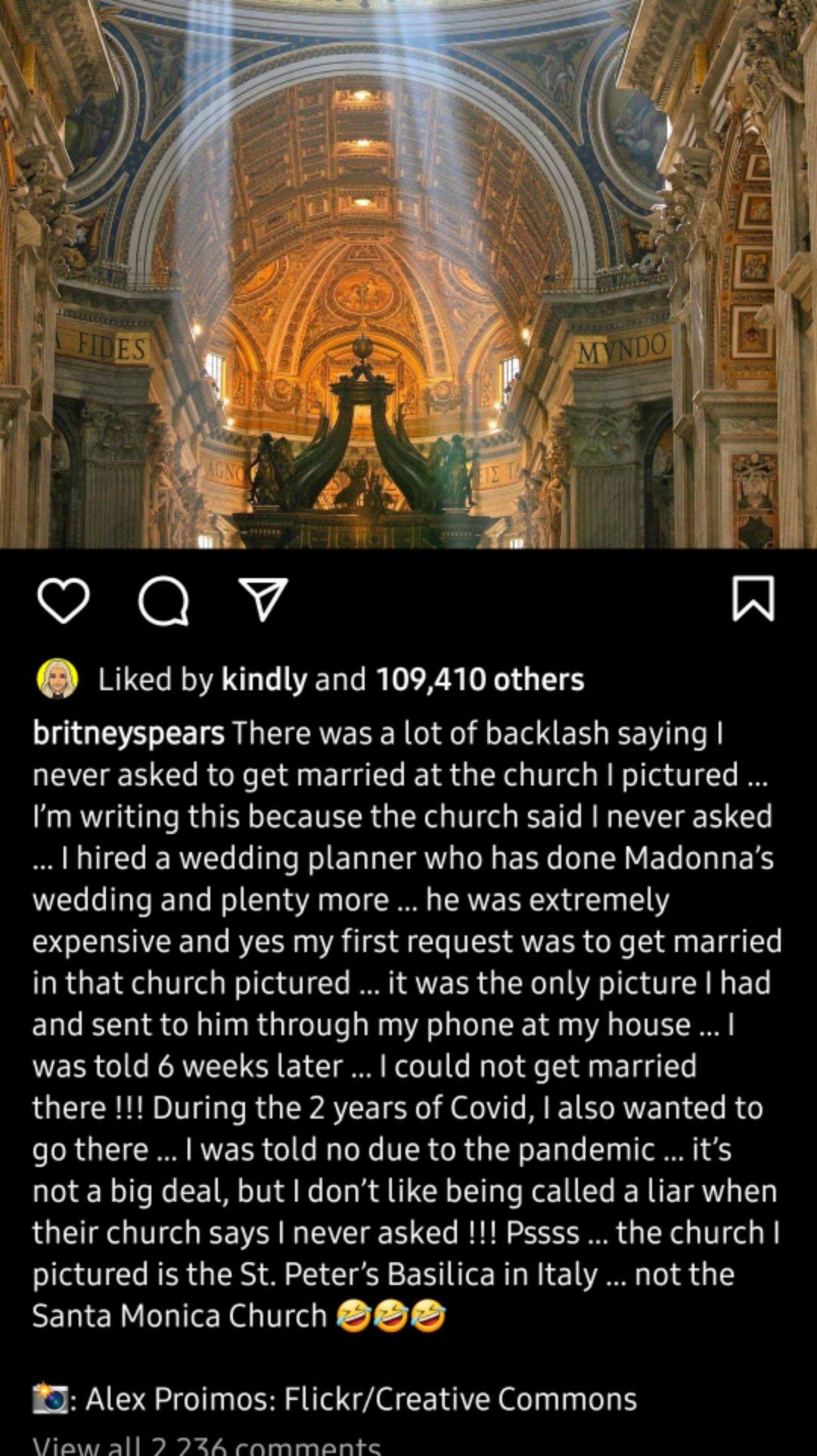 Britney Spears responds to Catholic Church backlash 