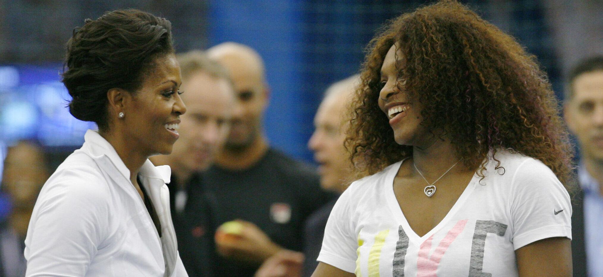 Former First Lady Michelle Obama participated in "Lets Move!" tennis clinic at the U.S. Open in New York with Serena Williams