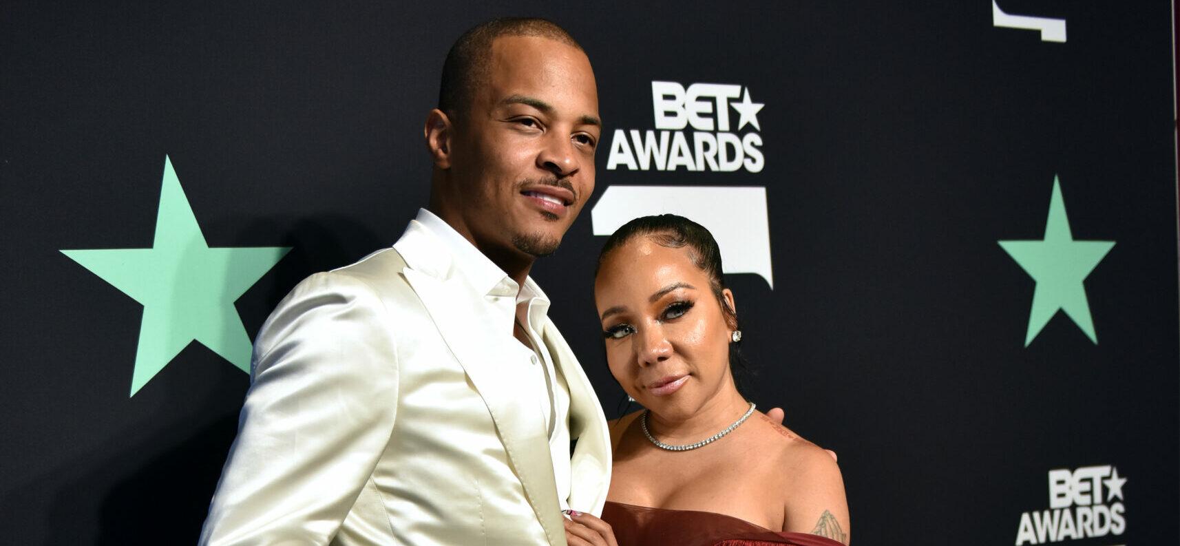 T.I. and Tameka "Tiny" Harris backstage at the BET Awards in Los Angeles