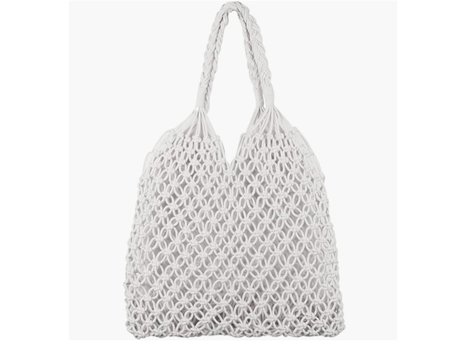 A white crochet tote bag.