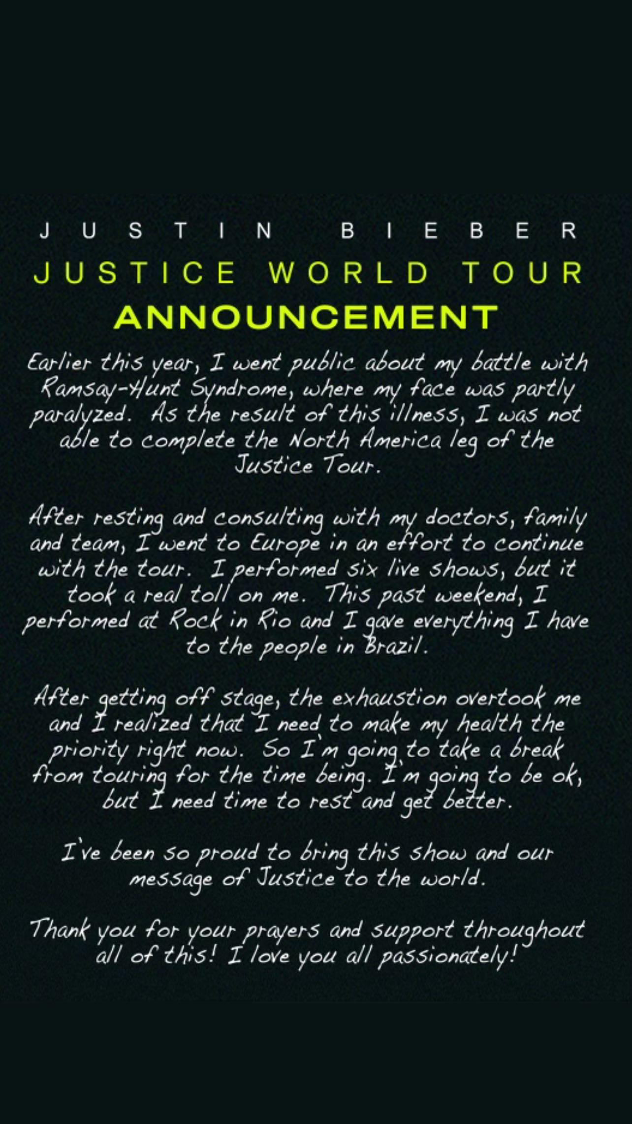 Justin Bieber postpones Justice World Tour