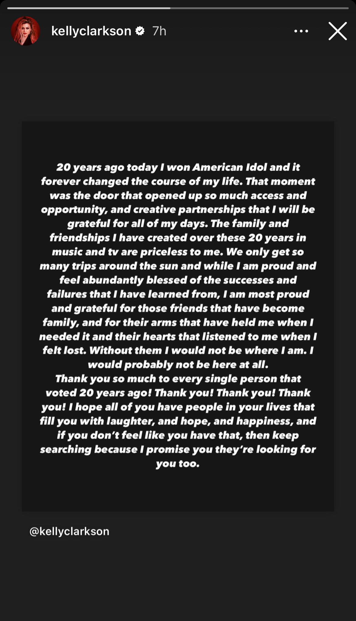 Kelly Clarkson's post on her Instagram story