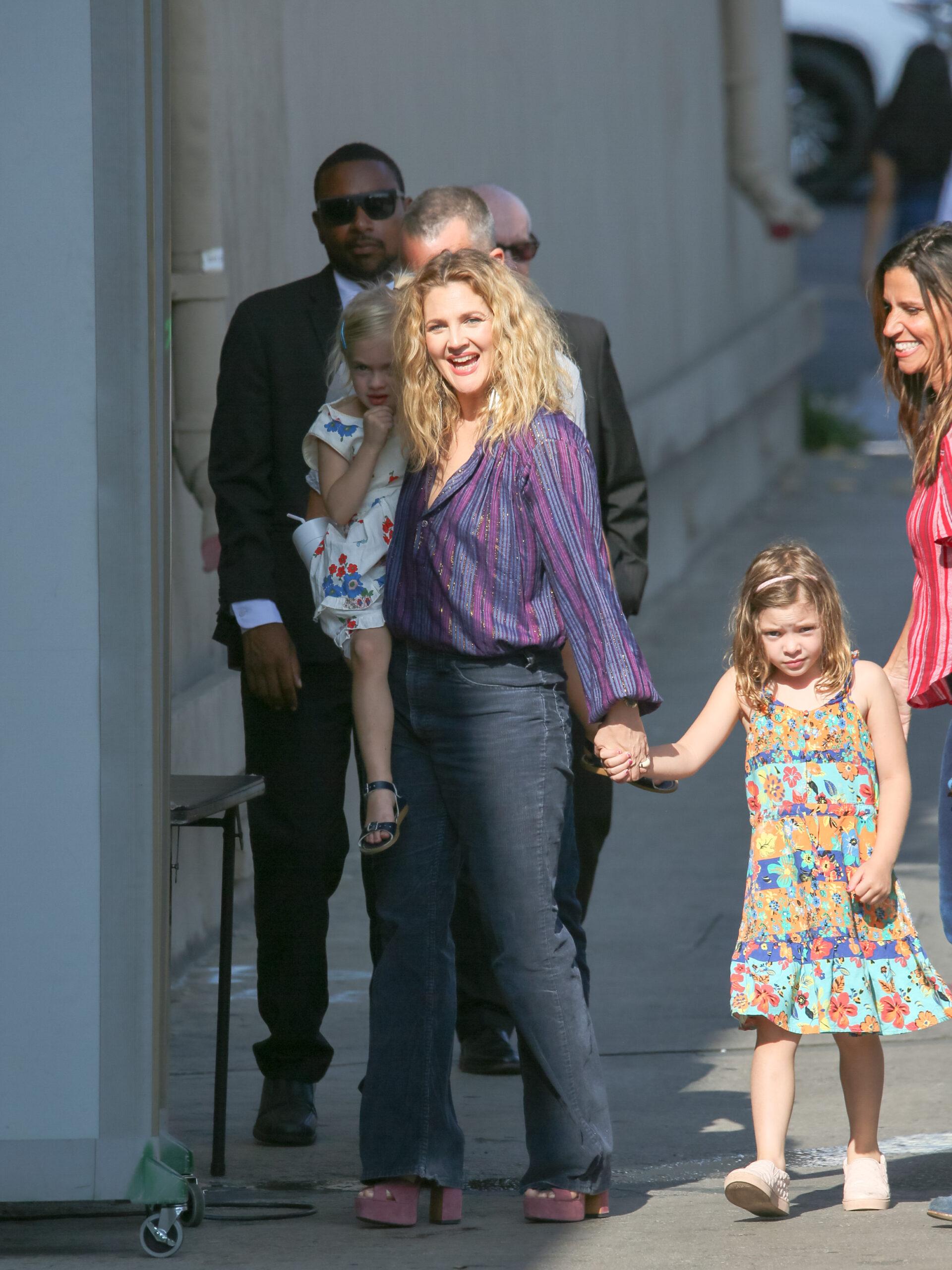 Drew Barrymore with daughters Olive and Frankie are seen arriving at the 'Jimmy Kimmel Live' in Los Angeles