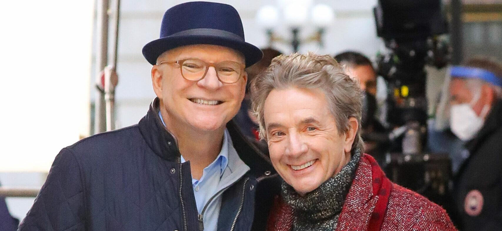Martin Short and Steve Martin are all smiling while posing for the photographers in NYC on Feb 24, 2021