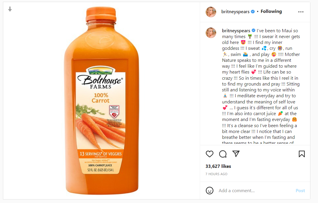 Britney Spears carrot juice post 