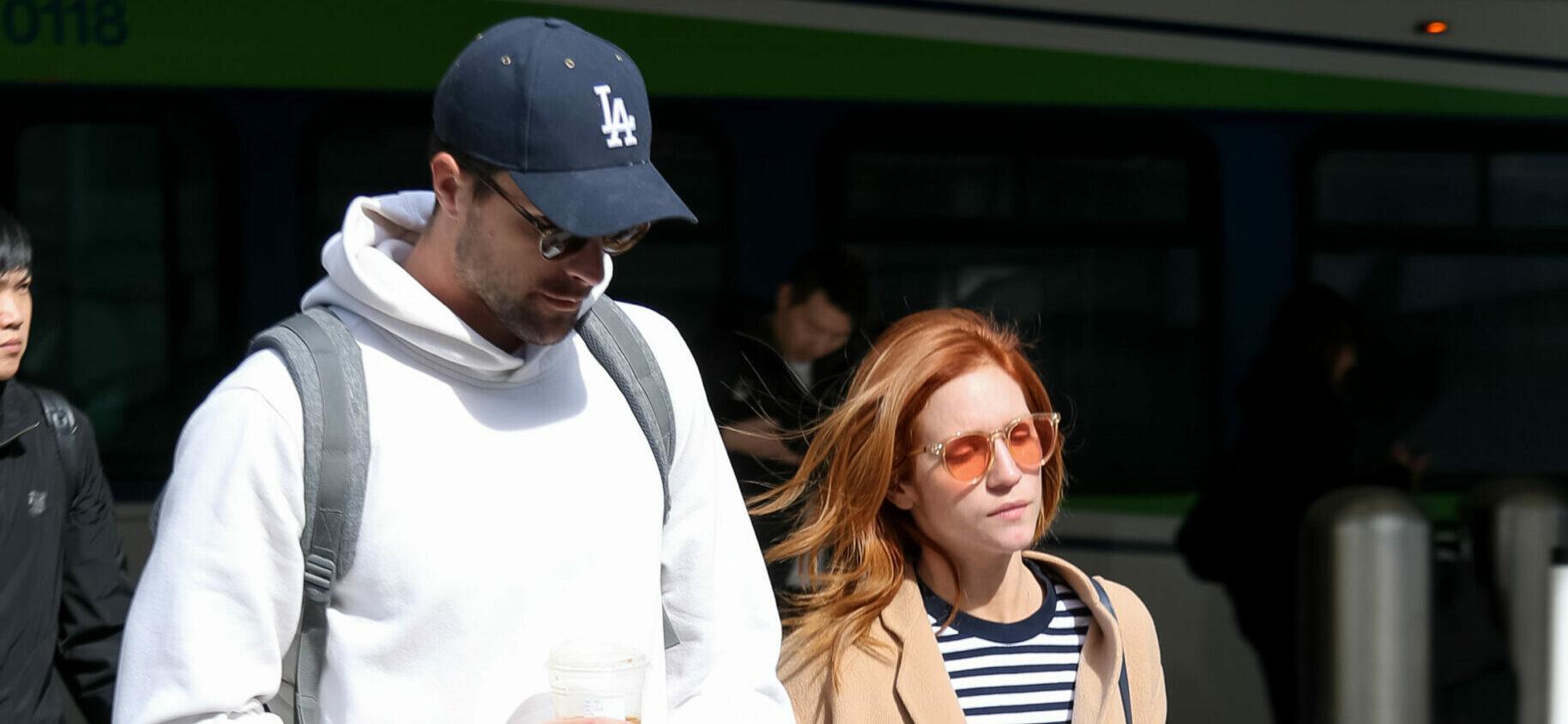 Brittany Snow and fiance Tyler Stanaland at LAX International Airport