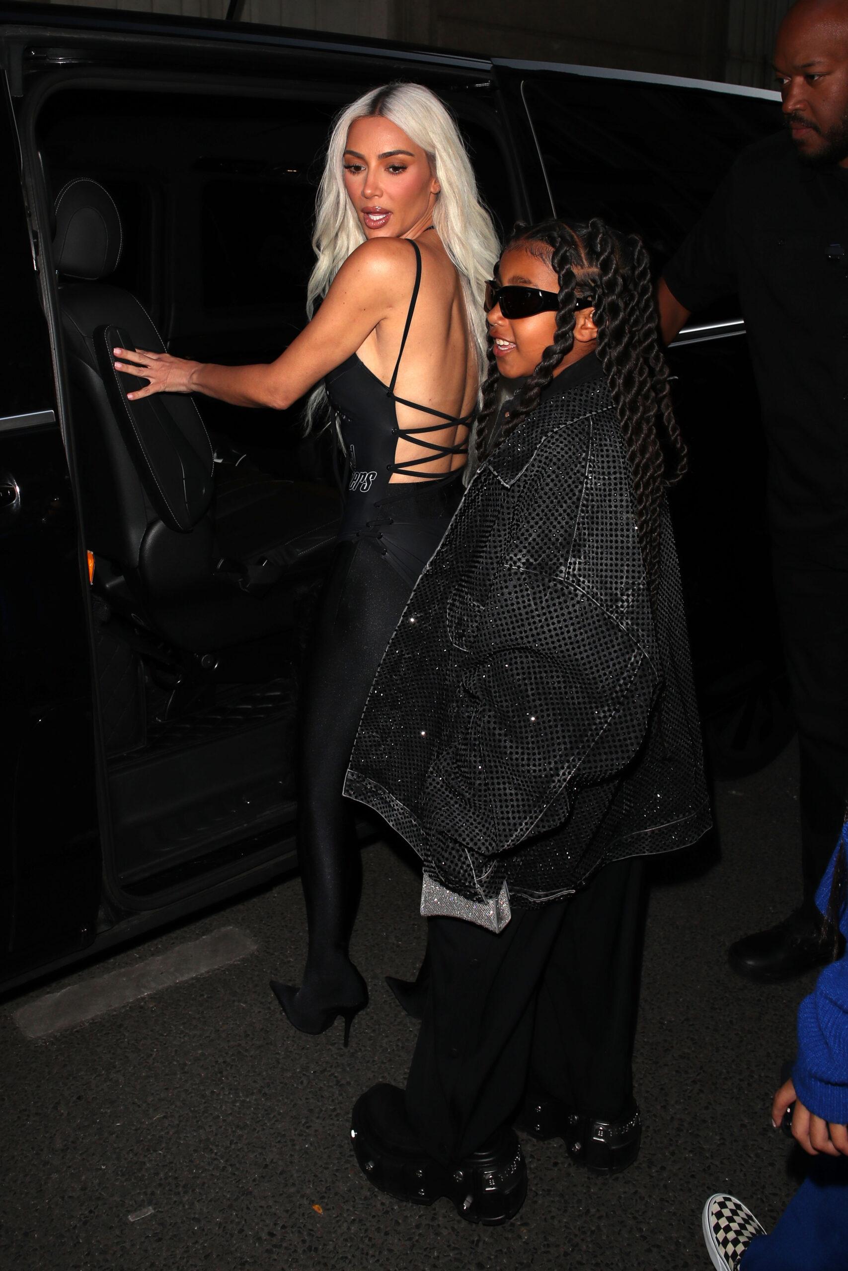 Kim Kardashian and her kids leaving Ferdi and arriving at Costes Restaurant and Hotel