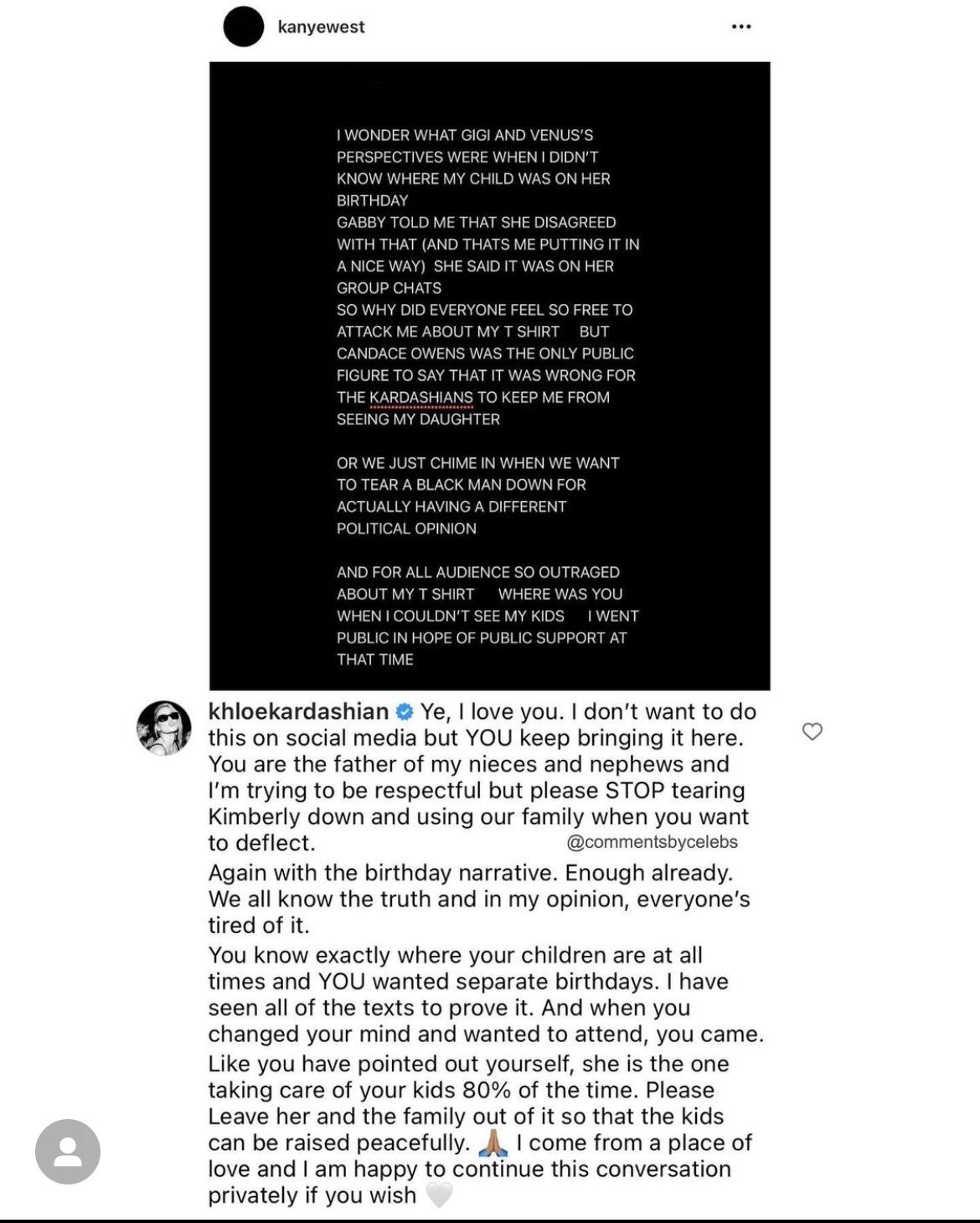 Khloe Kardashian's comment on Kanye West's post