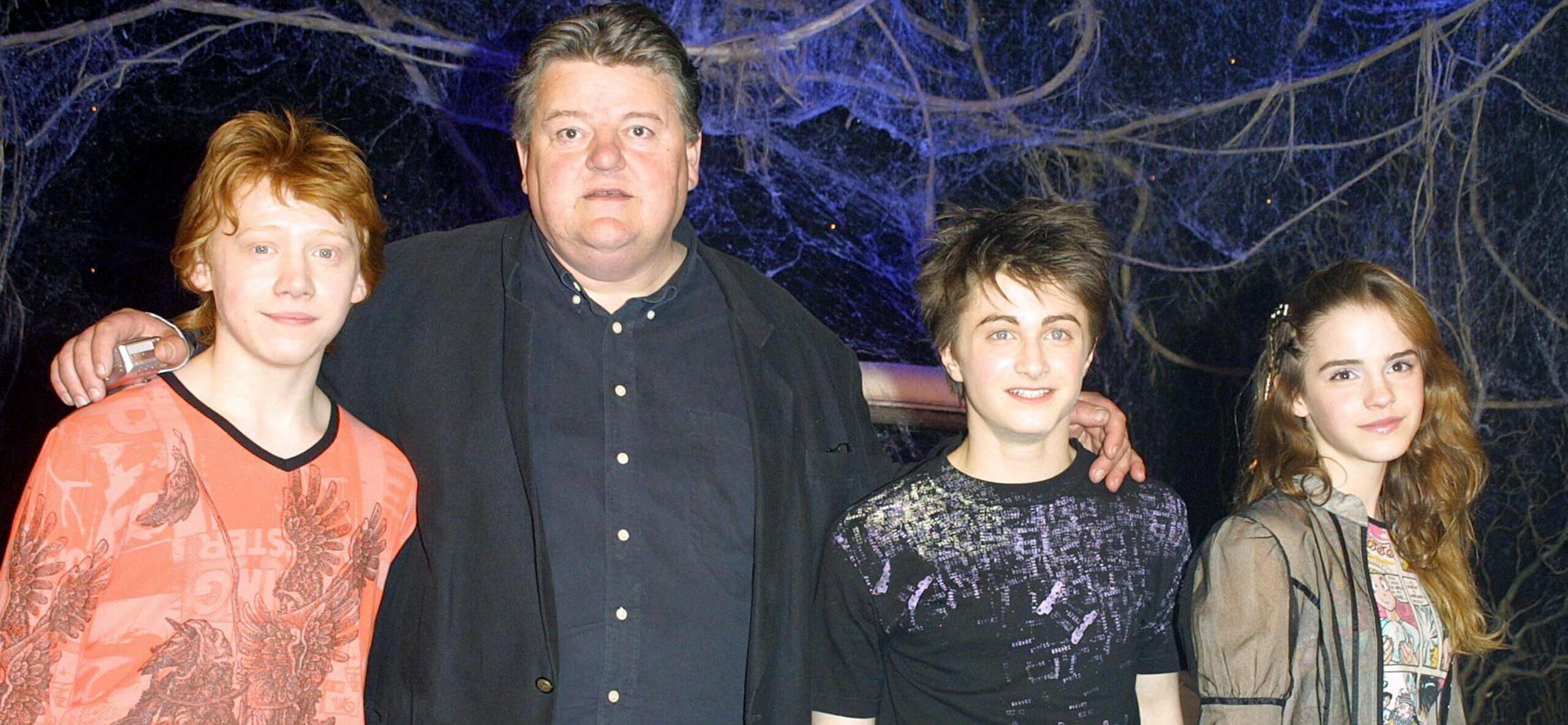 Archive picures taken in 2003. 01 Jan 2003 Pictured: Rupert Grint aka Ron, Robbie Coltrane aka Hagrid, Daniel Radcliffe aka Harry Potter and Emma Watson aka Hermione at the DVD launch of the hit movie Harry Potter and the Chamber of Secrets. The event took place at Leavesden Studios in Hertfordshire, England. Photo credit: MEGA TheMegaAgency.com +1 888 505 6342 (Mega Agency TagID: MEGA163420_011.jpg) [Photo via Mega Agency]