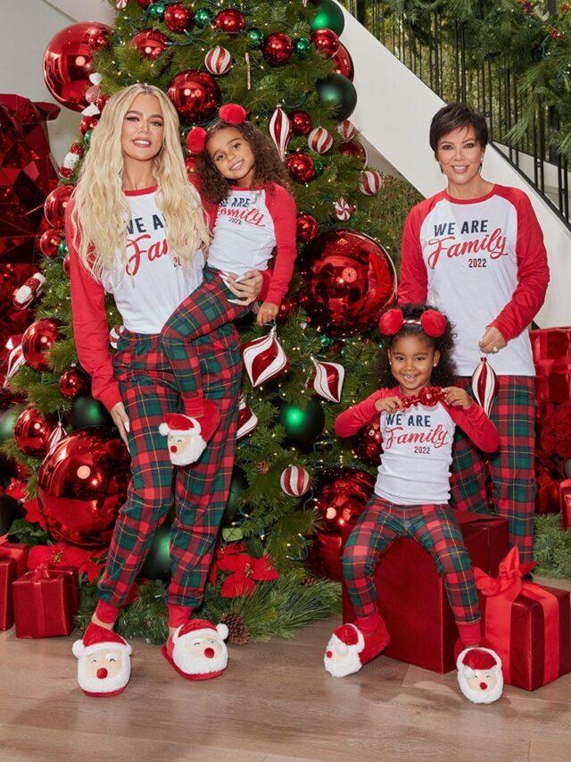 Khloe Kardashian, Kris Jenner, True, and Dream in a Christmas-themed pajama photoshoot