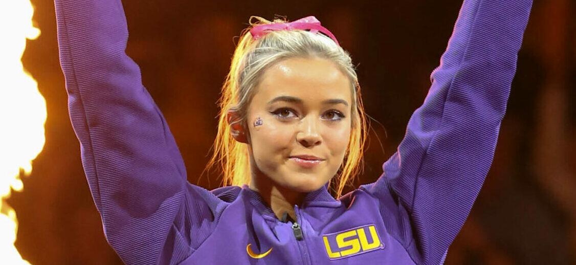 February 05, 2022: LSU's Olivia Dunne is introduced prior to NCAA Gymnastics action between the Auburn Tigers and the LSU Tigers at the Pete Maravich Assembly Center in Baton Rouge, LA. Jonathan Mailhes/CSM(Credit Image: © Jonathan Mailhes/Cal Sport Media) Newscom/(Mega Agency TagID: csmphototwo864831.jpg) [Photo via Mega Agency]