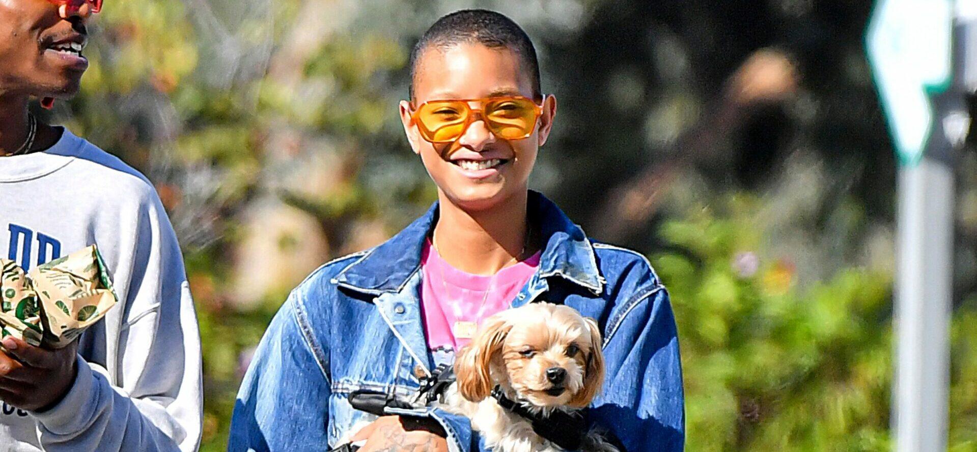 Willow Smith Holds Her Cute Lil Pooch Abby With Boyfriend De apos Wayne Jackson During A Grocery Store Run At Whole Foods In Malibu CA