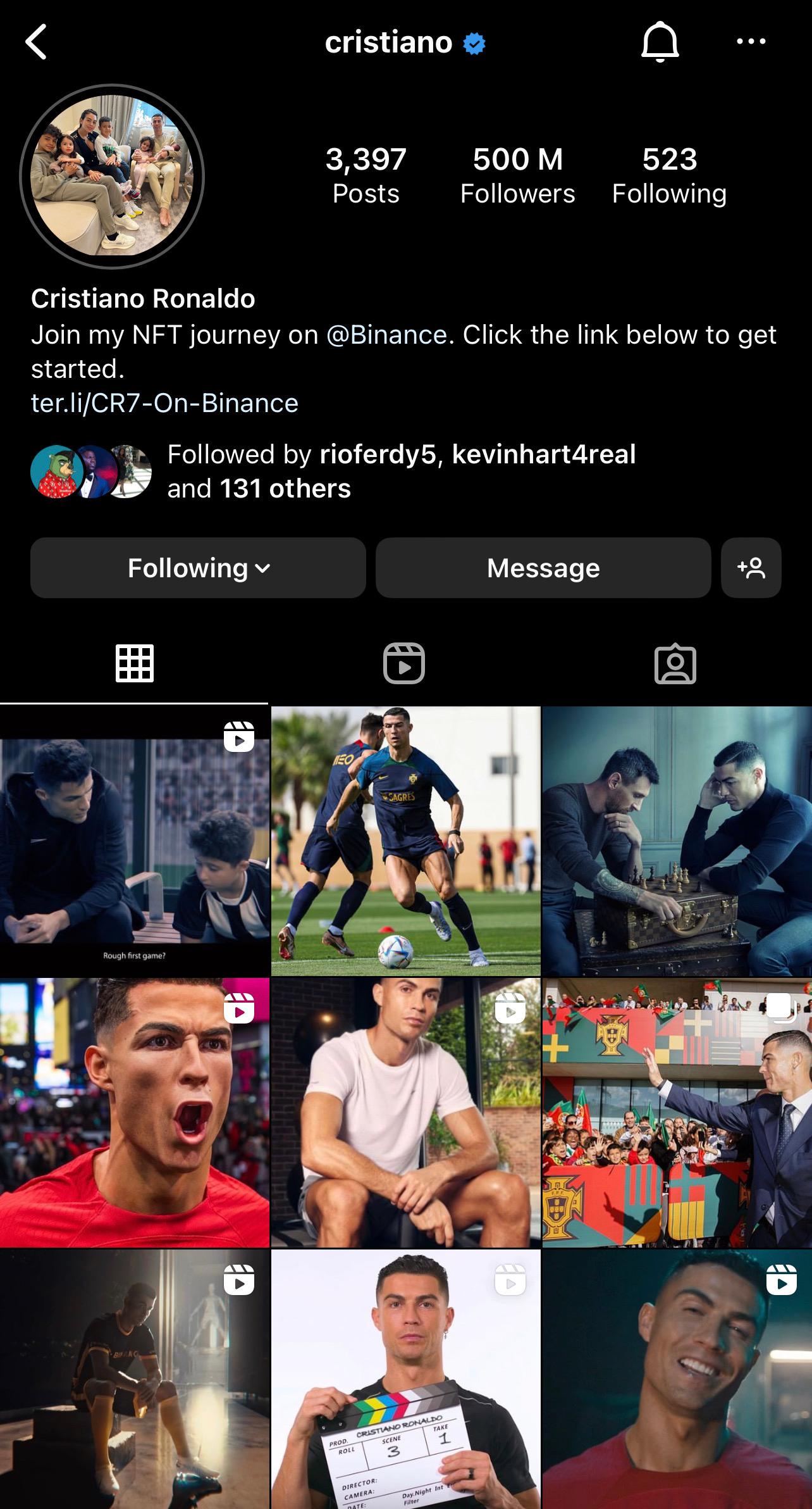 Cristiano Ronaldo's Instagram page showing his number of followers.