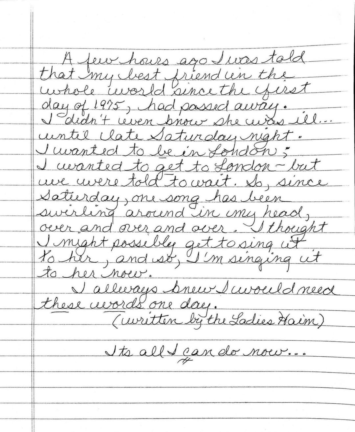 Stevie Nicks' handwritten tribute to Christine McVie
