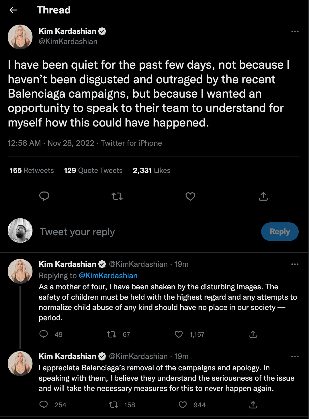 Kim Kardashian's post on her Twitter page