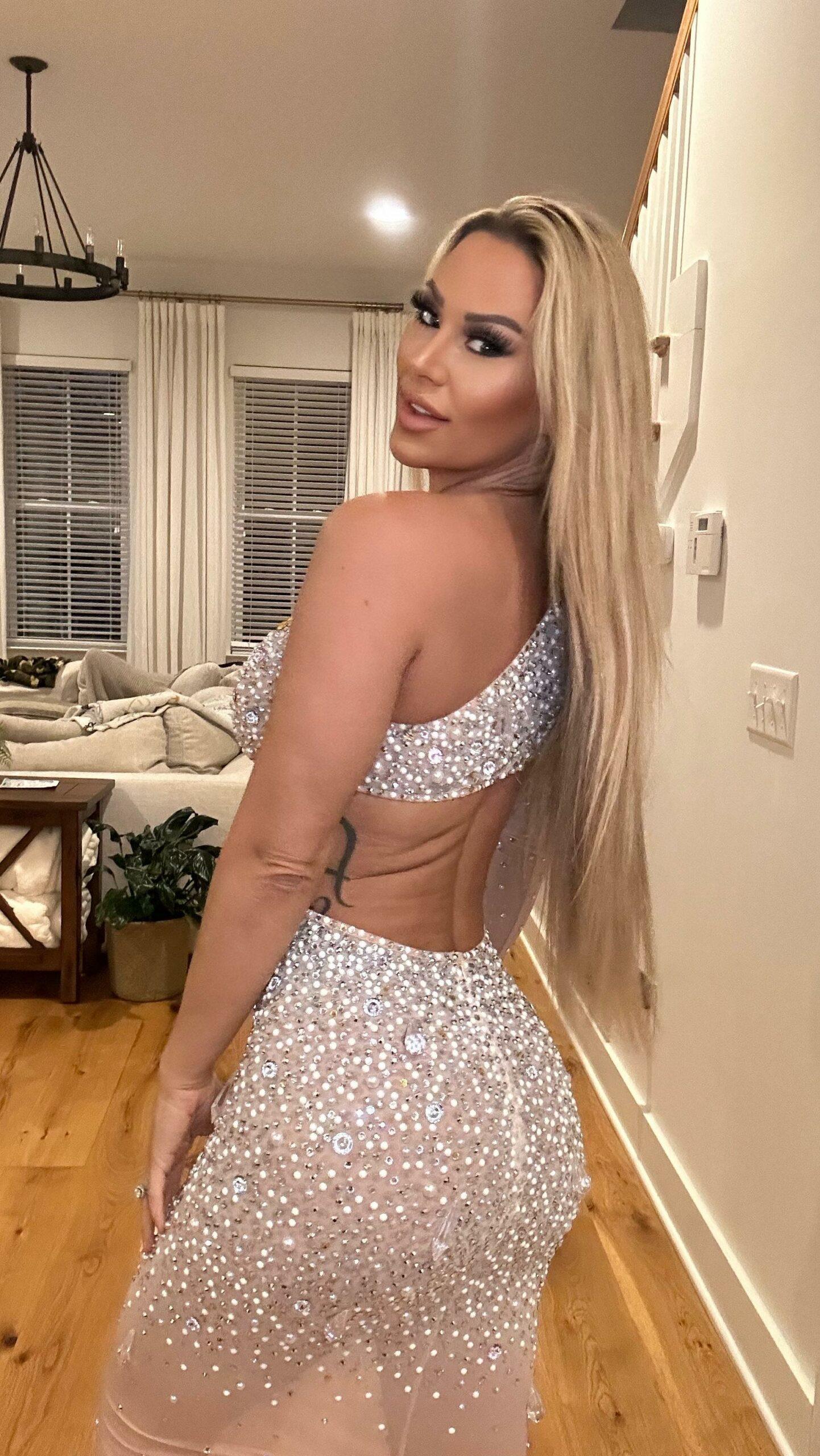 Kindly Myers in a cut-out bejeweled dress