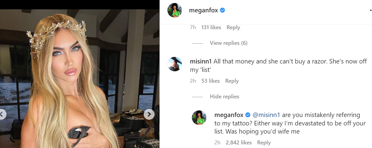 Megan Fox claps back at troll who thought tattoo was pubes