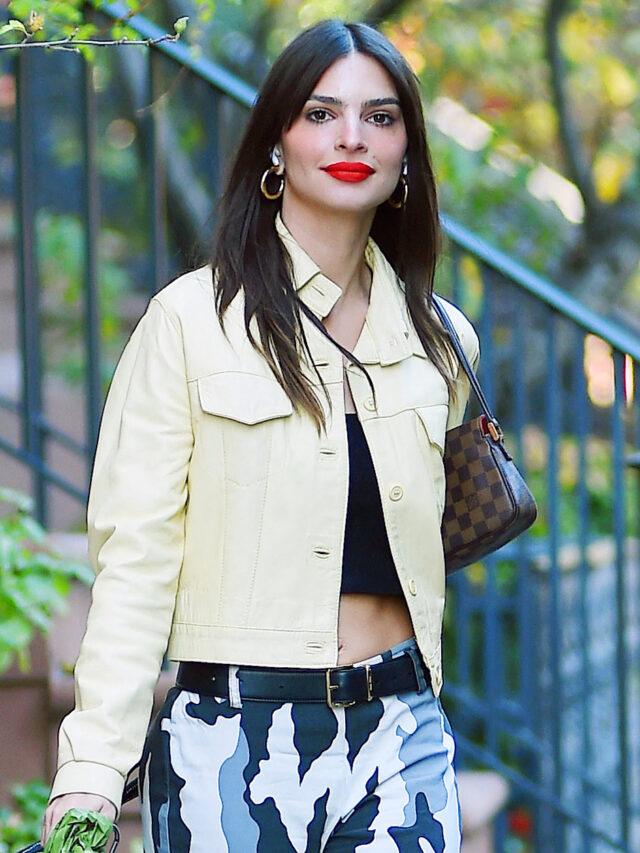Emily Ratajkowski is stylish as ever as she takes her dog Colombo for a walk