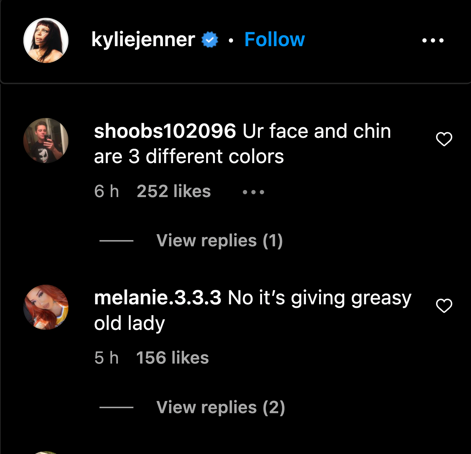 Comment section of Kylie Jenner's post on Instagram