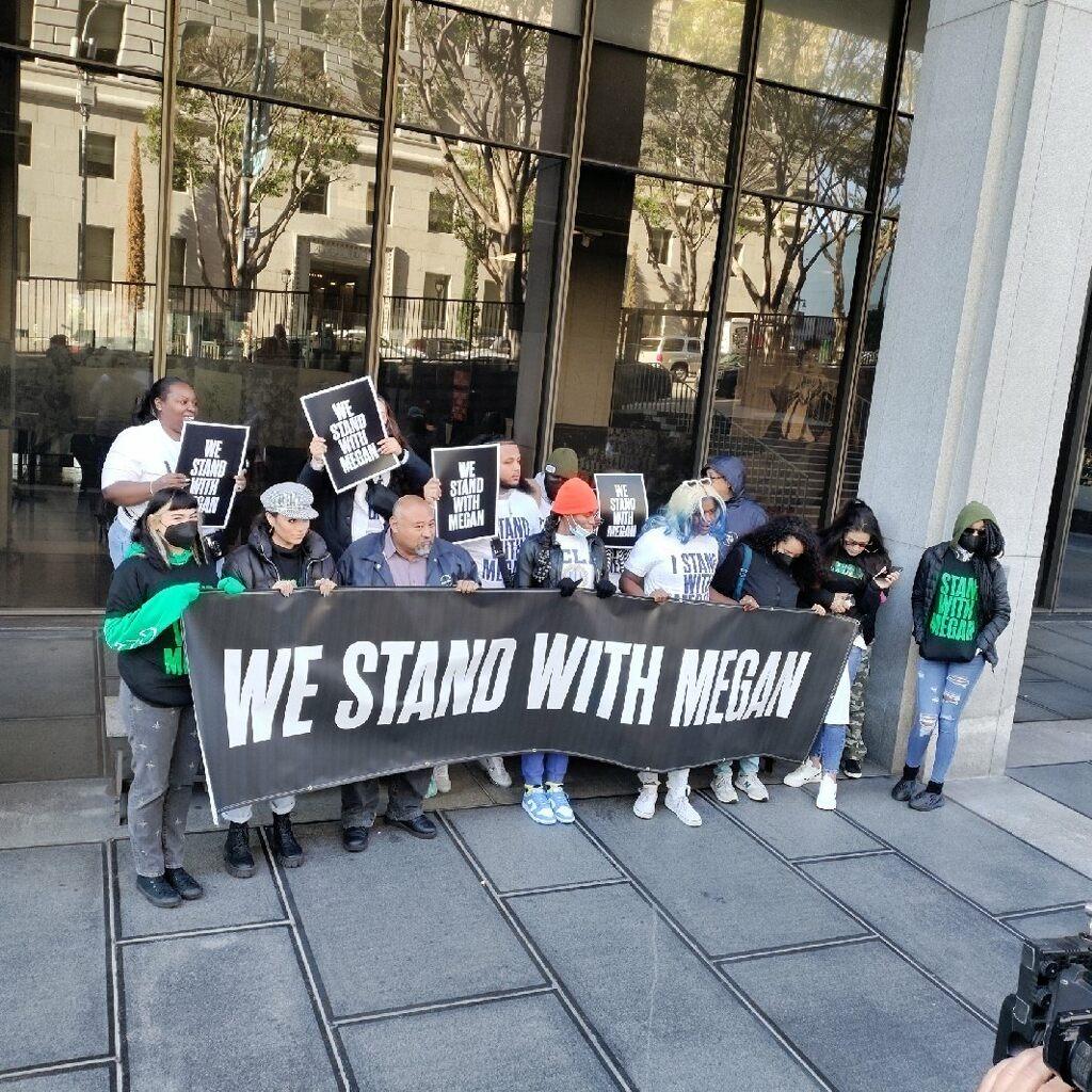 Supporters for Megan Thee Stallion gather outside the Downtown Los Angeles court wHere Rapper Tory Lanez who's real name is Daystar Peterson is charged with assault and weapons counts in connection with the shooting of fellow rapper Megan Thee Stallion