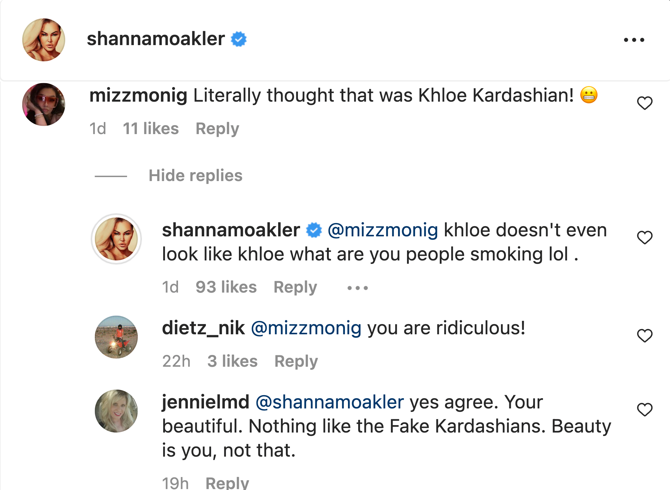 The comment section of Shanna Moakler's post on her Instagram page