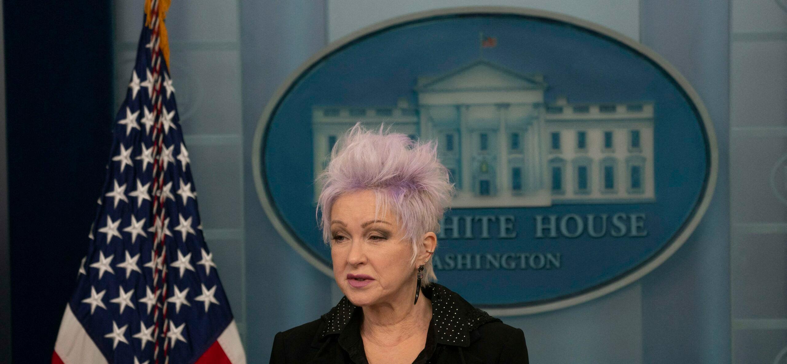 Musician Cyndi Lauper makes a statement in the briefing room