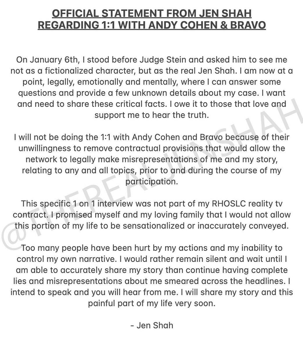 Jen Shah releases statement on And Cohen interview