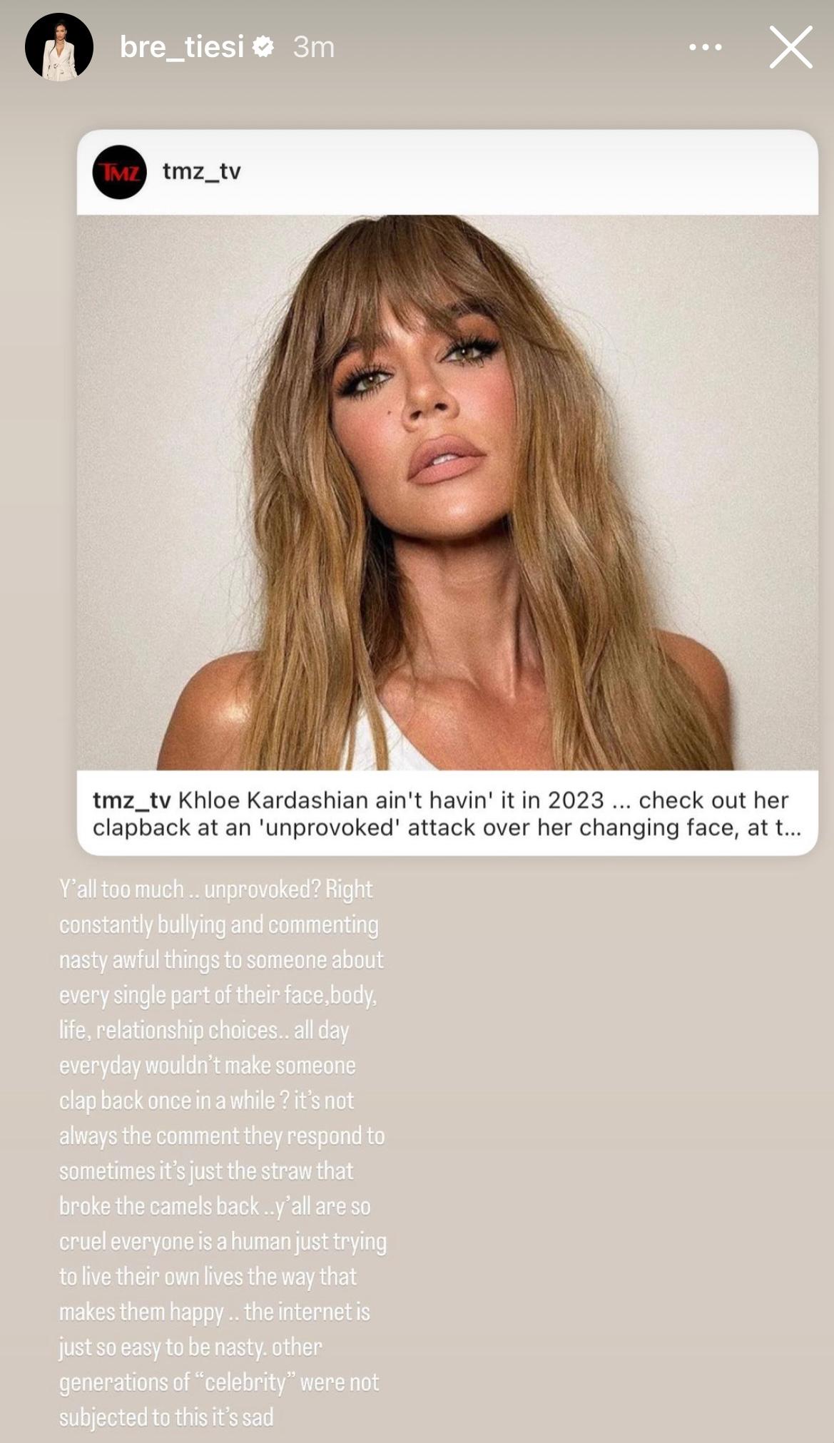 Bre Tiesi defends Khloe Kardashian's clapback