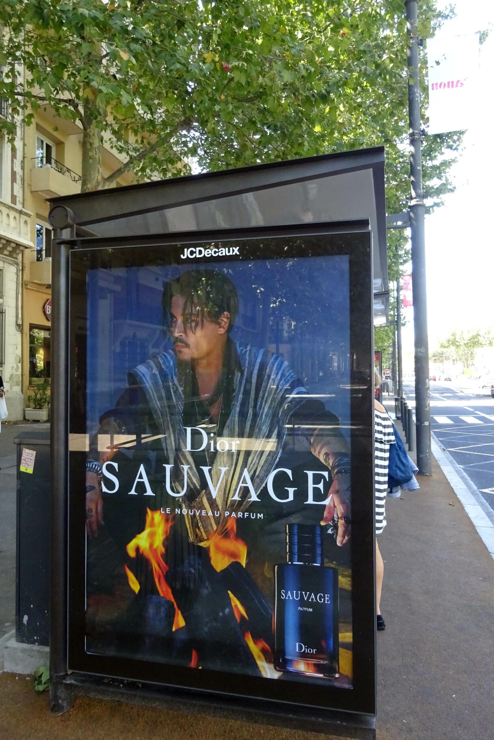 Johnny Depp Dior Sauvage Perfume Advert billboard on a bus stop in Perpignan France