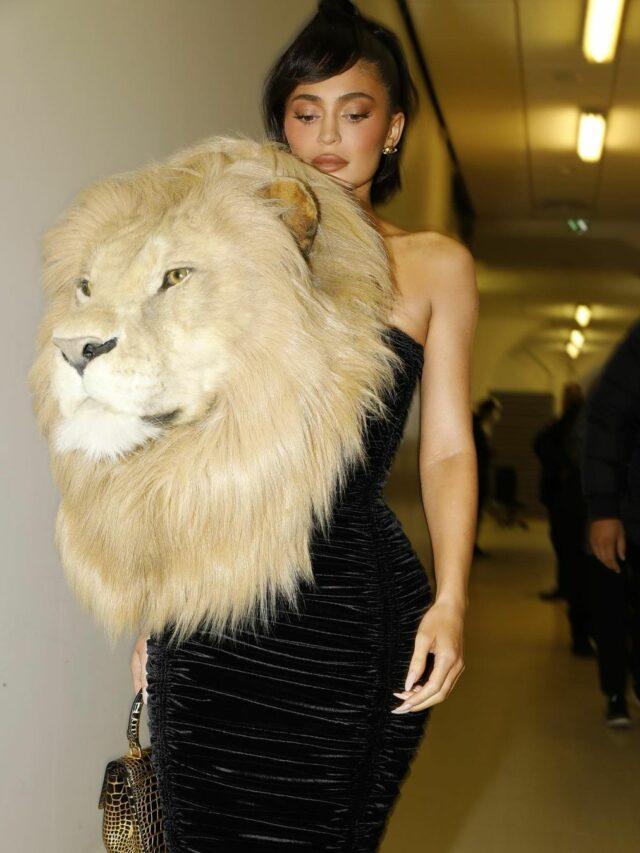 Kylie Jenner wearing lion head dress