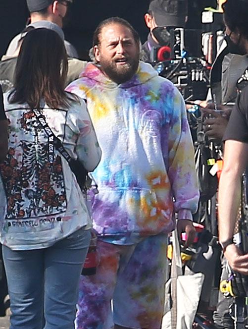 Jonah Hill is seen smoking a Cigarette while filming on Melrose Place in Los Angeles