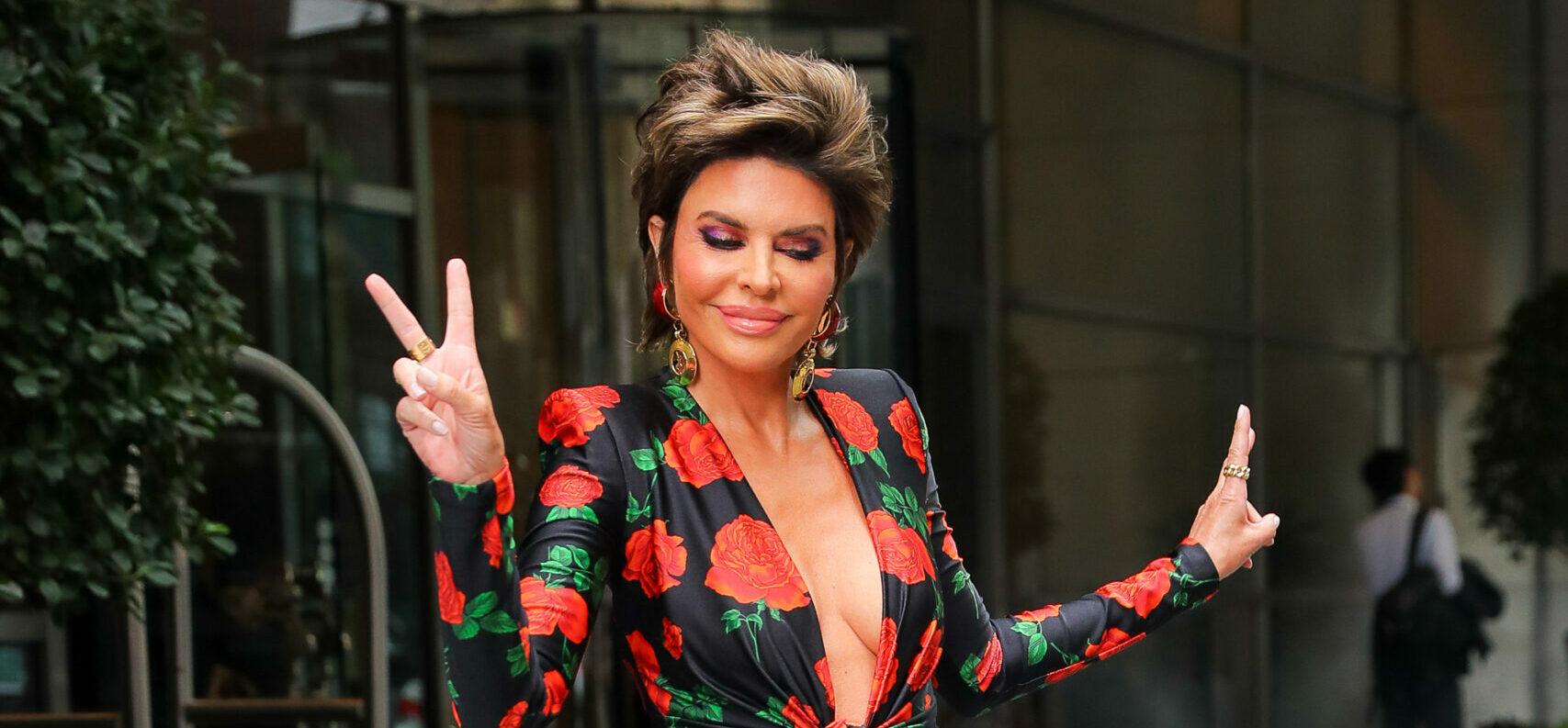 Lisa Rinna wore a rose-print YSL catsuit as leaving her hotel in New York City