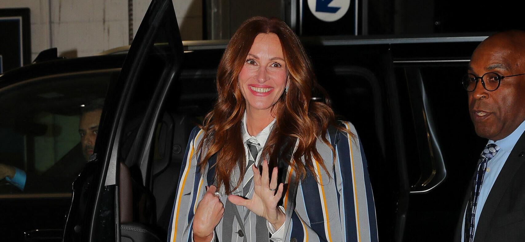 Julia Roberts wears a pinstriped skirt suit while arrives at the Jazz at Lincoln Center in New York City