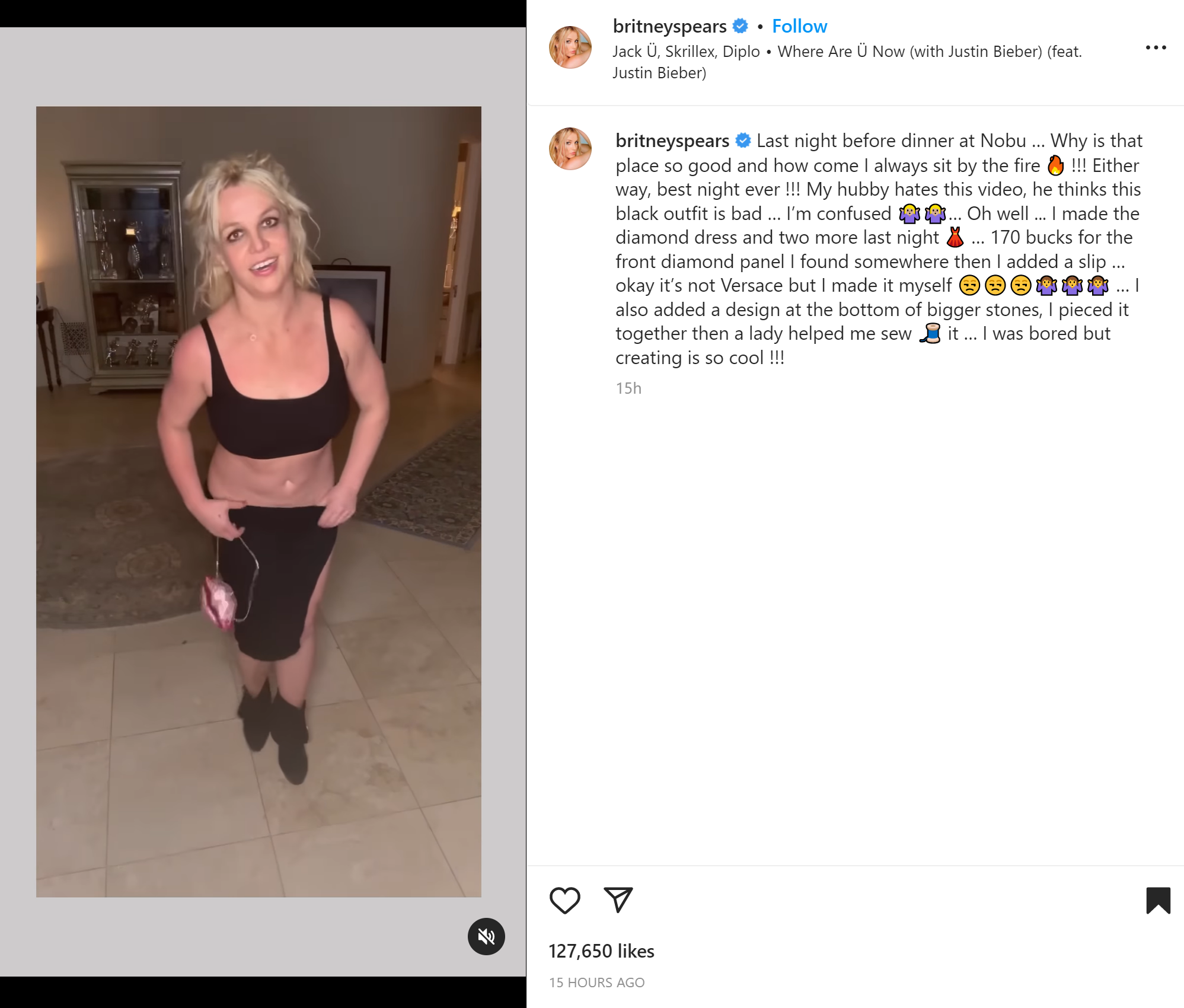 Britney Spears posts same video with a different caption about her dinner at Nobu on February 18