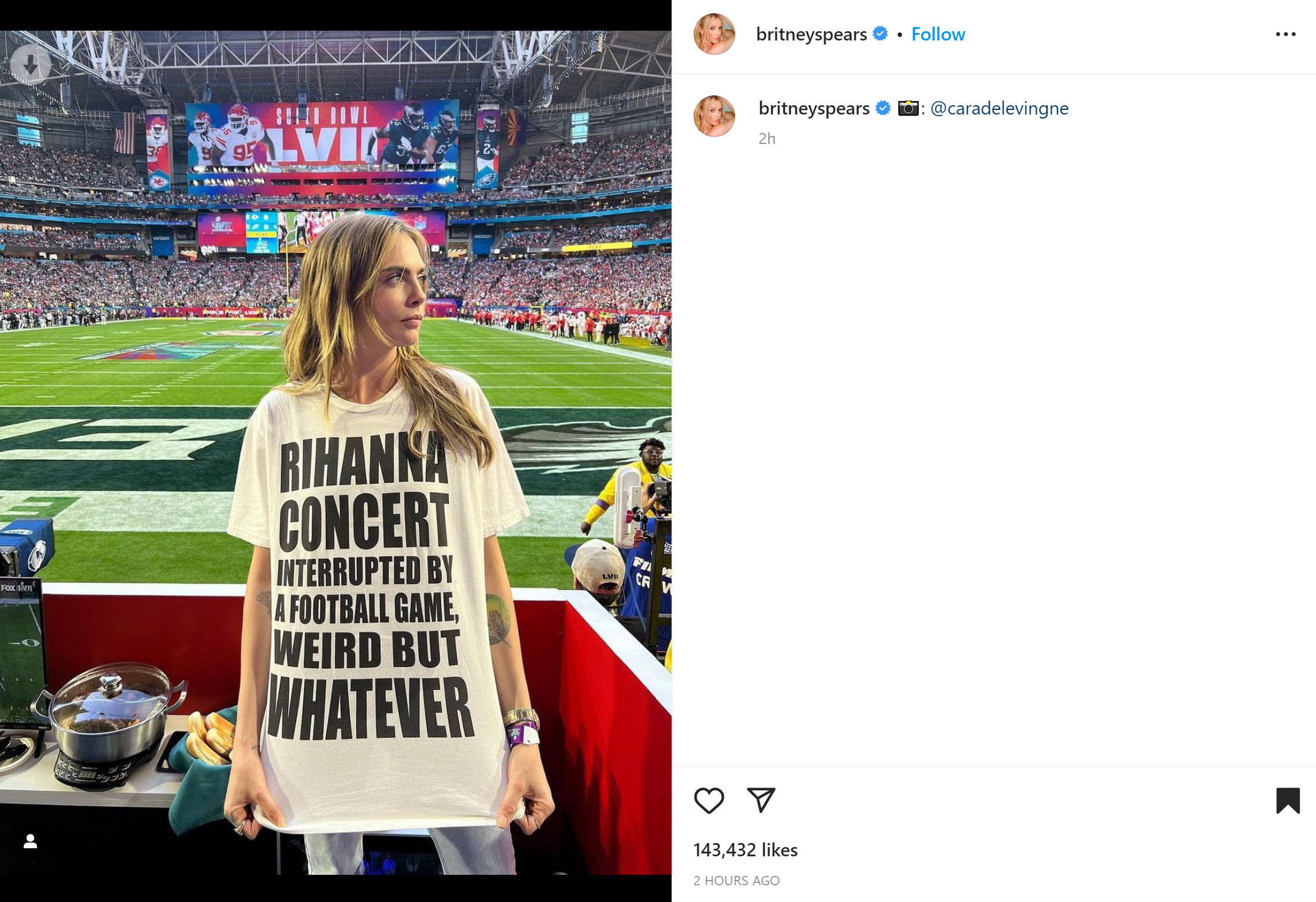 Britney Spears praises Cara Delevigne's Super Bowl shirt