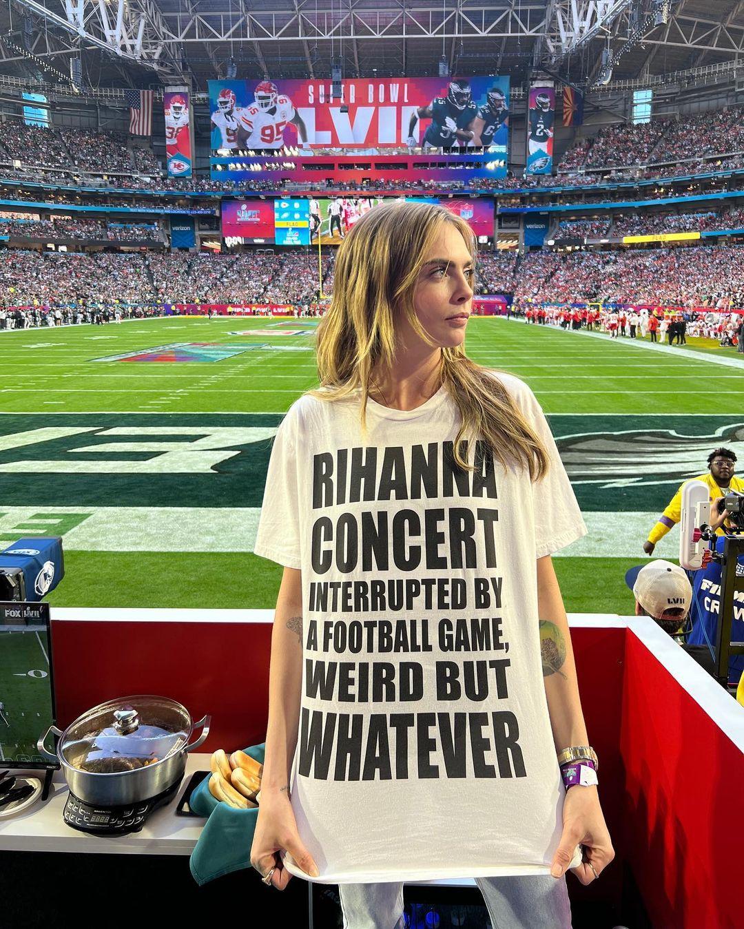 Cara Delevingne flaunts support for Rihanna at Super Bowl
