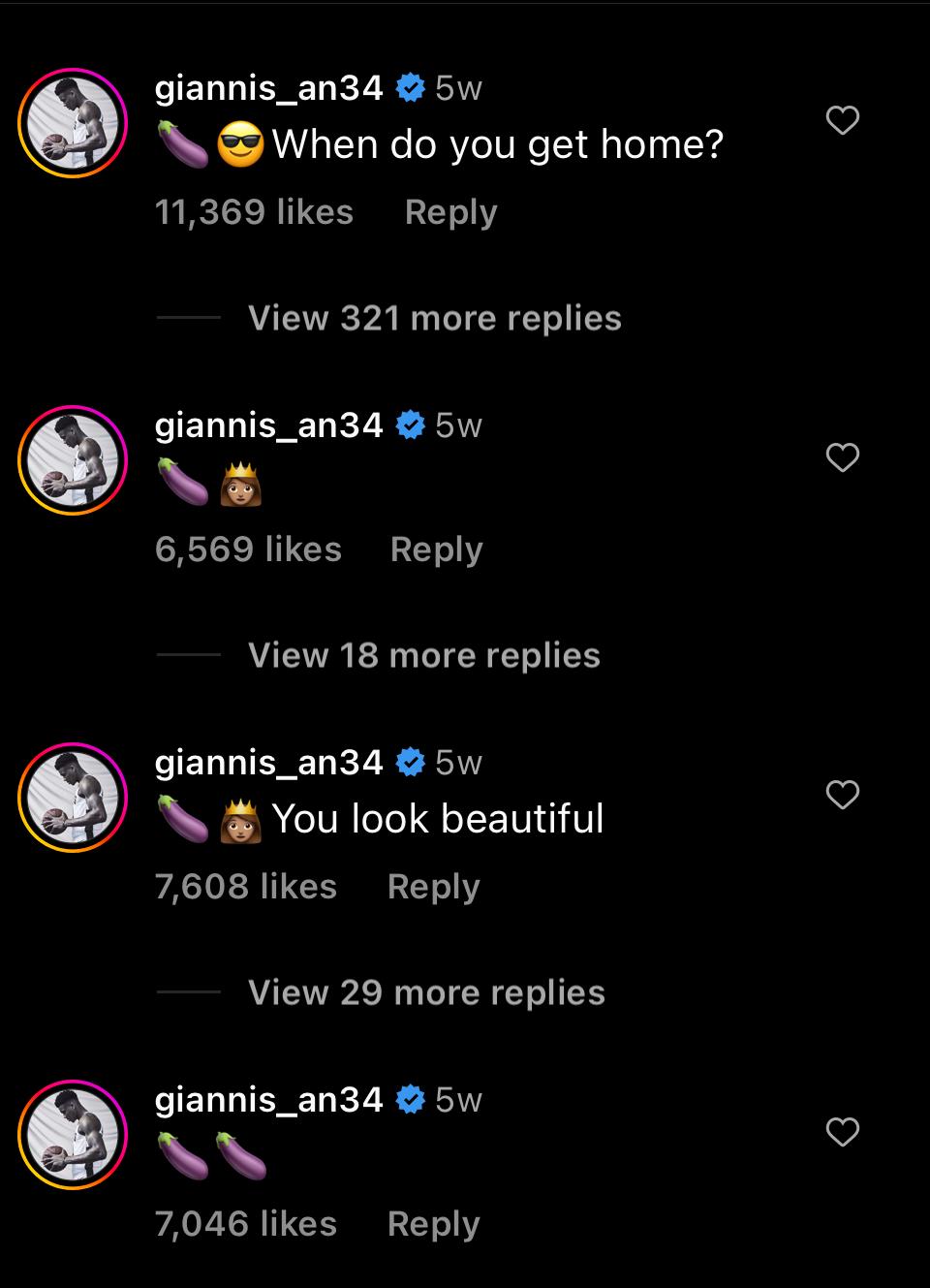 Giannis comments on his girlfriend's IG post