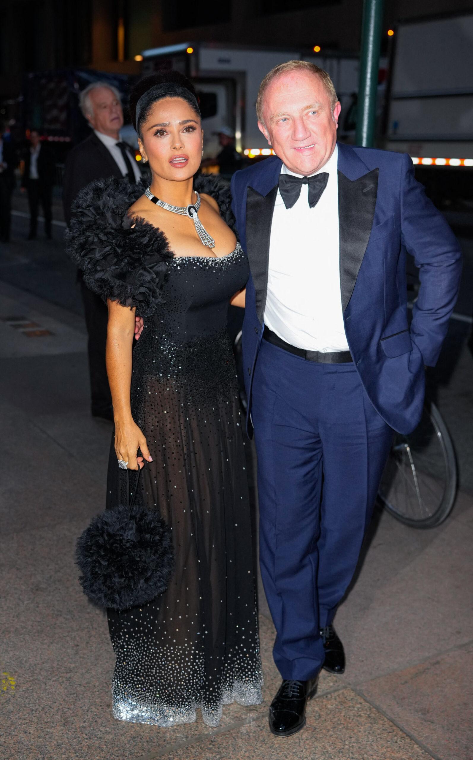 Salma Hayek and Francois-Henri Pinault arrive at Kering Foundation First-Ever Caring For Women Dinner on September 15, 2022 in New York City