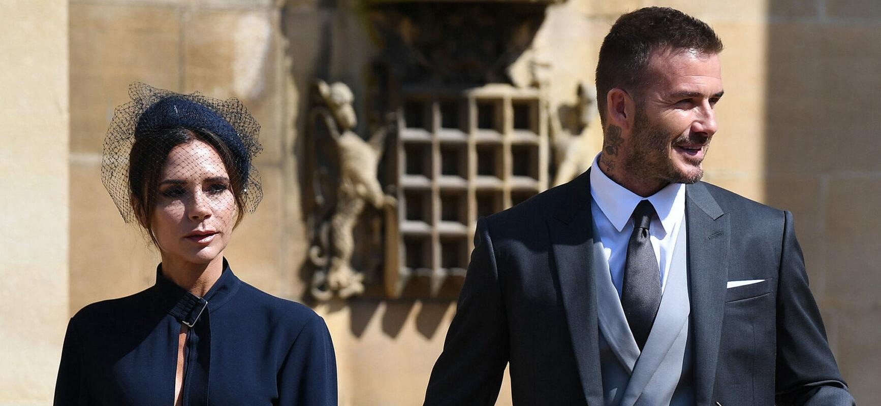 Victoria and David Beckham attend the Royal Wedding of Prince Harry to Meghan Markle at St George's Chapel