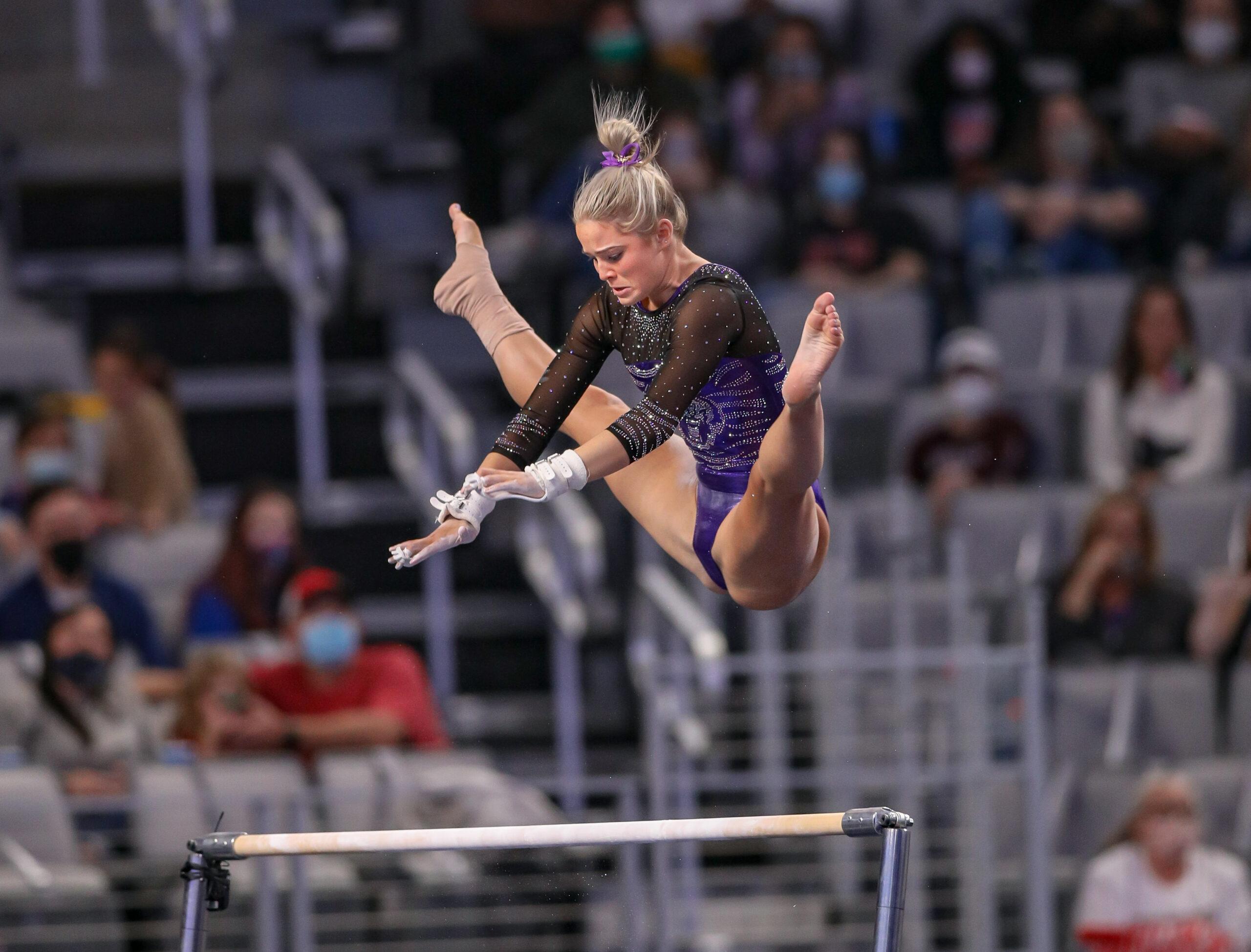 April 16, 2021: LSU's Olivia Dunne performs on the uneven parallel bars during the Semifinals of the 2021 NCAA Women's National Collegiate Gymnastics Championship at Dickies Arena in Fort Worth, TX. Kyle Okita/CSM(Credit Image: © Kyle Okita/Cal Sport Media) Newscom/(Mega Agency TagID: csmphototwo736951.jpg) [Photo via Mega Agency]