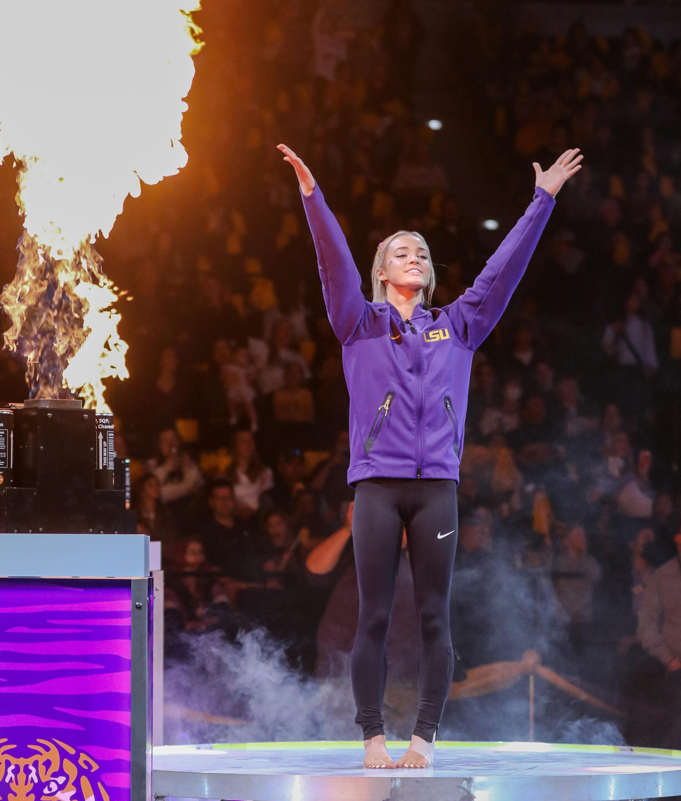 February 5, 2022: LSU's Olivia Dunne is introduced prior to the NCAA gymnastics meet between the LSU Tigers and the Auburn Tigers at the Pete Maravich Assembly Center in Baton Rouge, LA. Kyle Okita/CSM(Credit Image: © Kyle Okita/Cal Sport Media) Newscom/(Mega Agency TagID: csmphototwo864211.jpg) [Photo via Mega Agency]