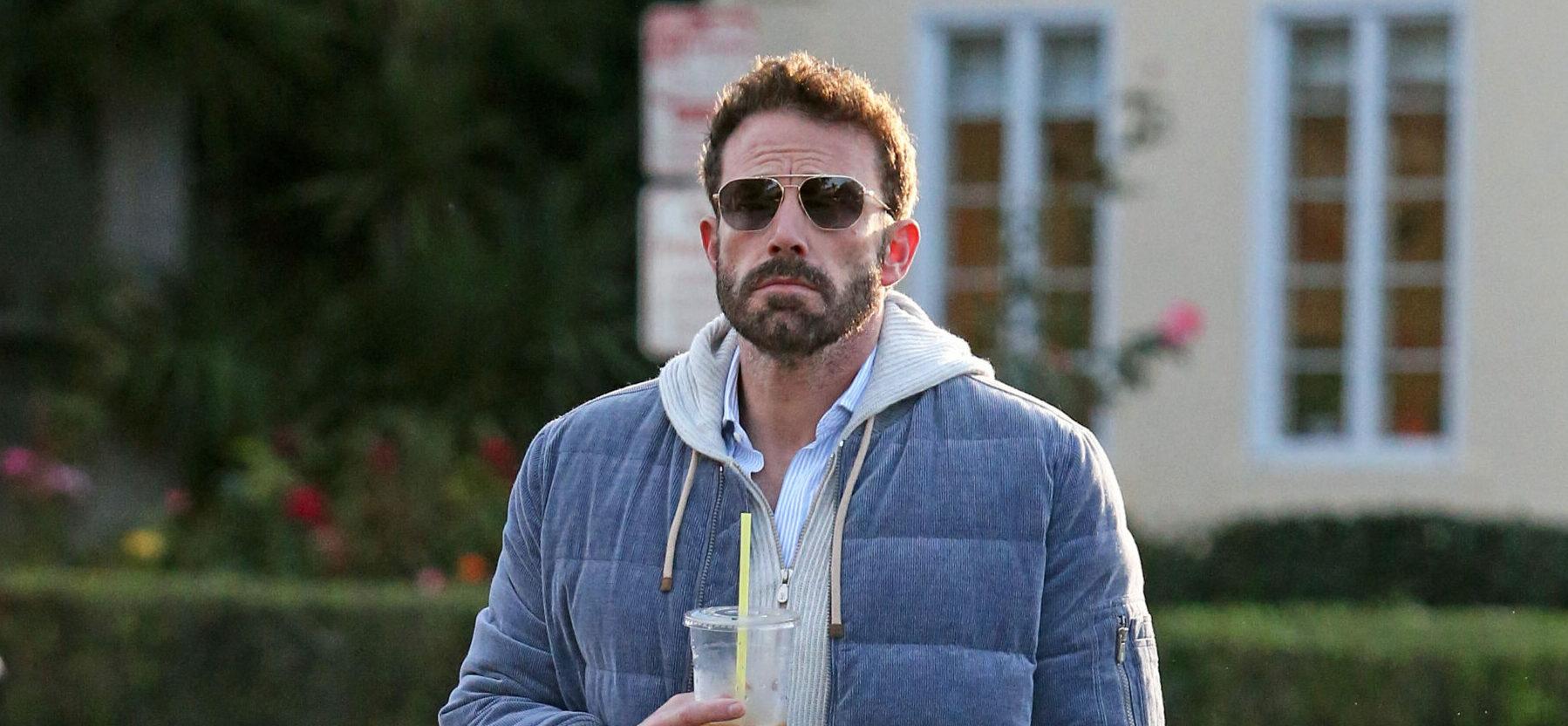 Ben Affleck enjoys a early morning ice coffee while out for a walk in Los Angeles