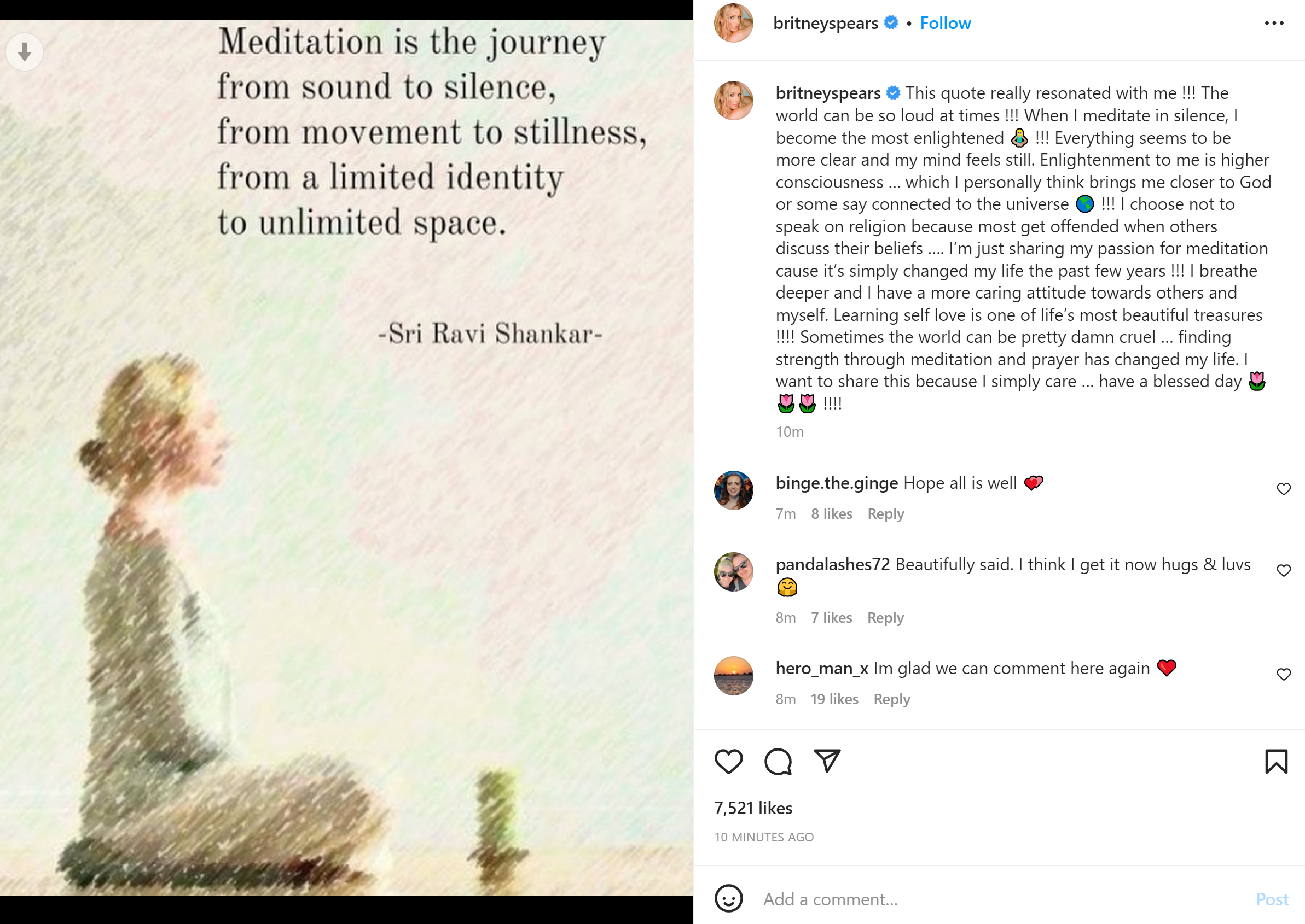 Britney Spears March 7 Meditation Instagram Post