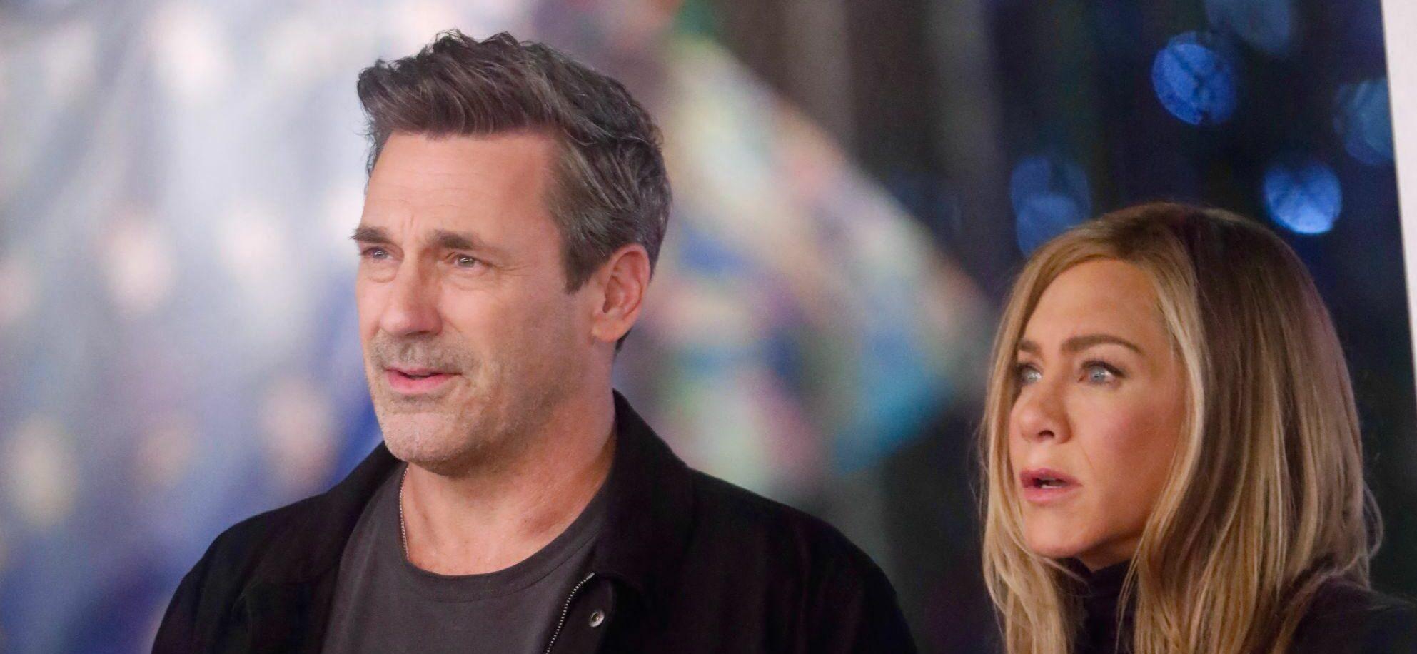 Jennifer Aniston and Jon Hamm filming The Morning Show in NYC