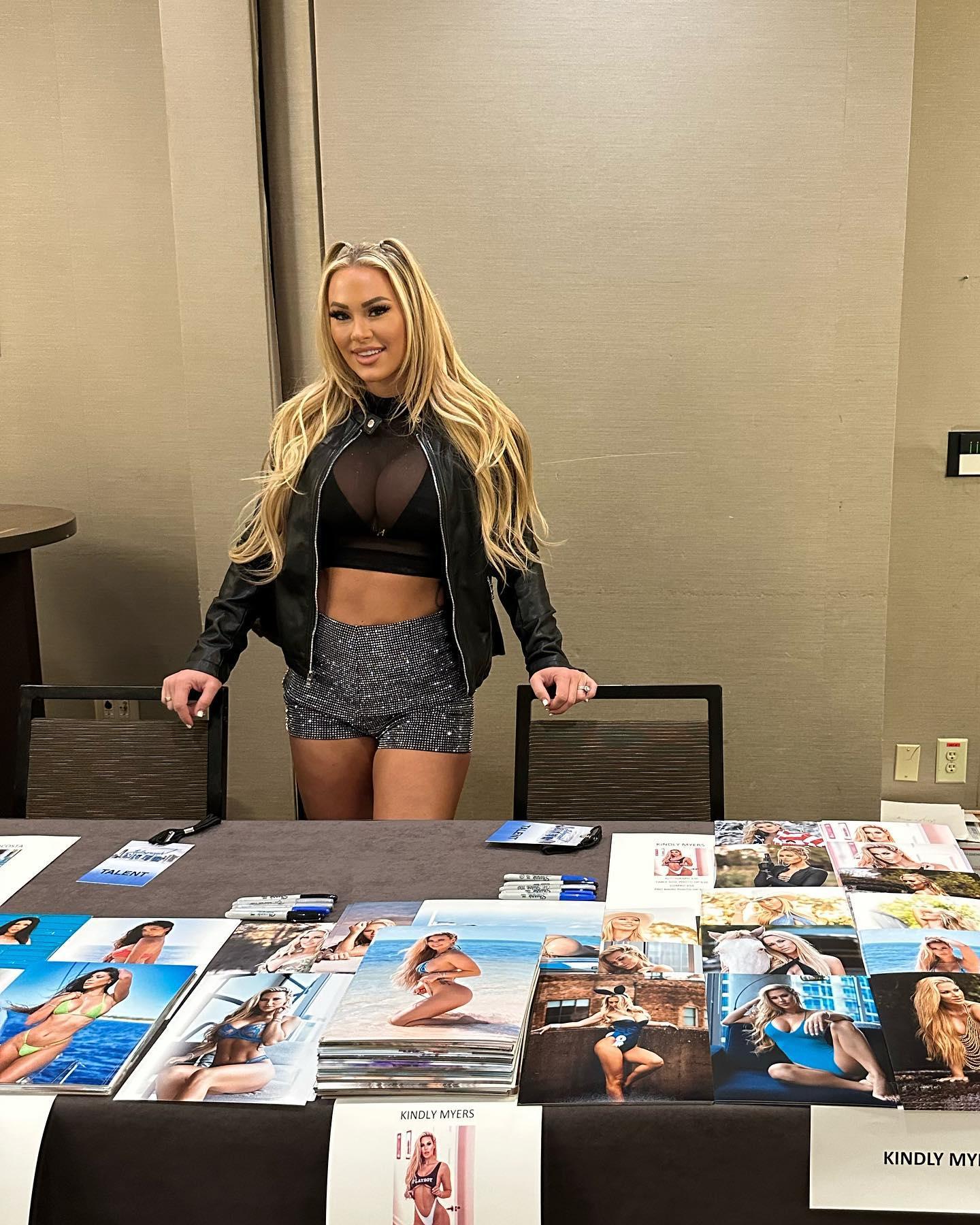 Kindly Myers poses in a see-through shirt 