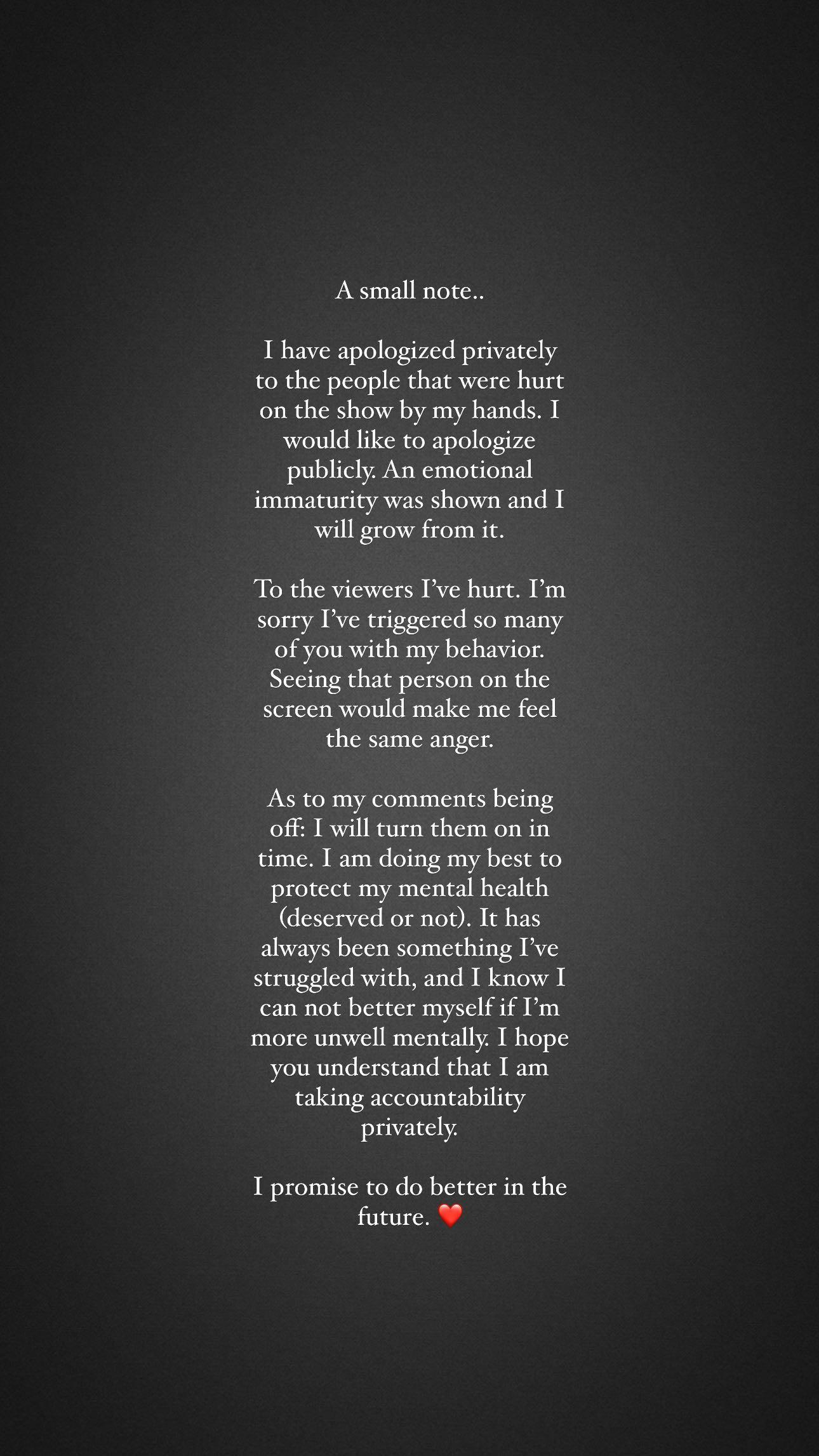 Micah Lussier's Insta story apology