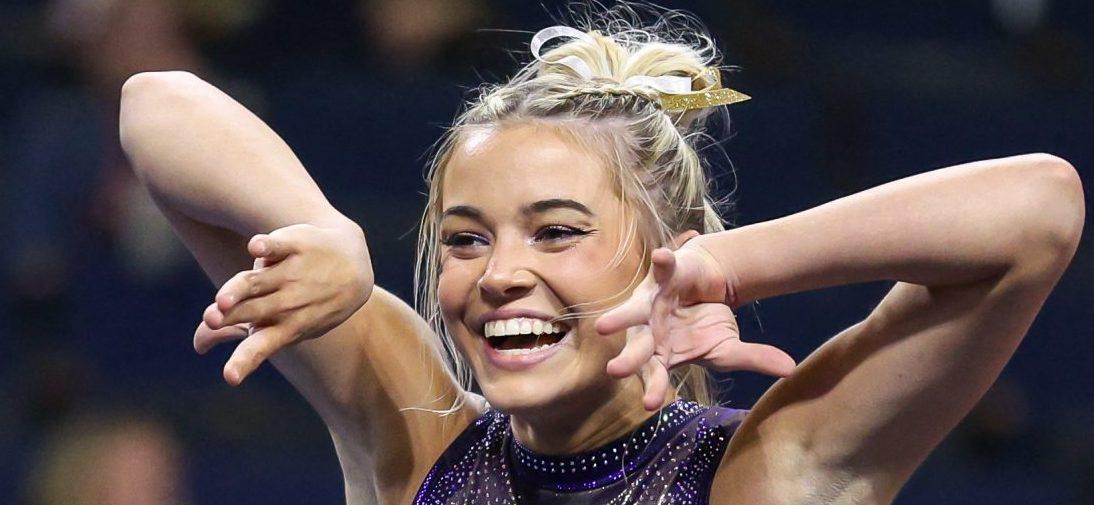 March 18, 2023: LSU's Olivia Dunne practices her floor routine prior to the 2023 SEC Gymnastics Championships at the Gas South Arena in Duluth, GA Kyle Okita/CSM(Credit Image: © Kyle Okita/Cal Sport Media) Newscom/(Mega Agency TagID: csmphotothree068146.jpg) [Photo via Mega Agency]